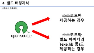 4. 빌드 배경지식
오픈소스 다운로드
소스코드만
제공하는 경우
소스코드와
빌드 바이너리
(exe,lib 등)도
제공하는 경우
 