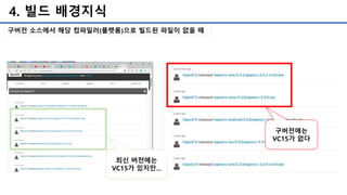 4. 빌드 배경지식
구버전 소스에서 해당 컴파일러(플랫폼)으로 빌드된 파일이 없을 때
구버전에는
VC15가 없다
최신 버전에는
VC15가 있지만...
 