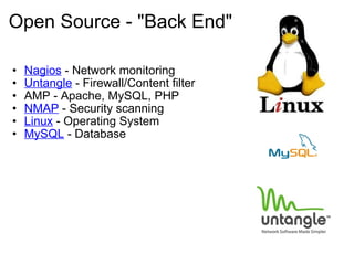 Open Source - "Back End" Nagios  - Network monitoring Untangle  - Firewall/Content filter  AMP - Apache, MySQL, PHP NMAP  - Security scanning Linux  - Operating System  MySQL  - Database  