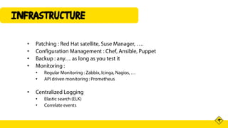 INFRAsTRUCTURE
• Patching : Red Hat satellite, Suse Manager, ….
• Configuration Management : Chef, Ansible, Puppet
• Backu...