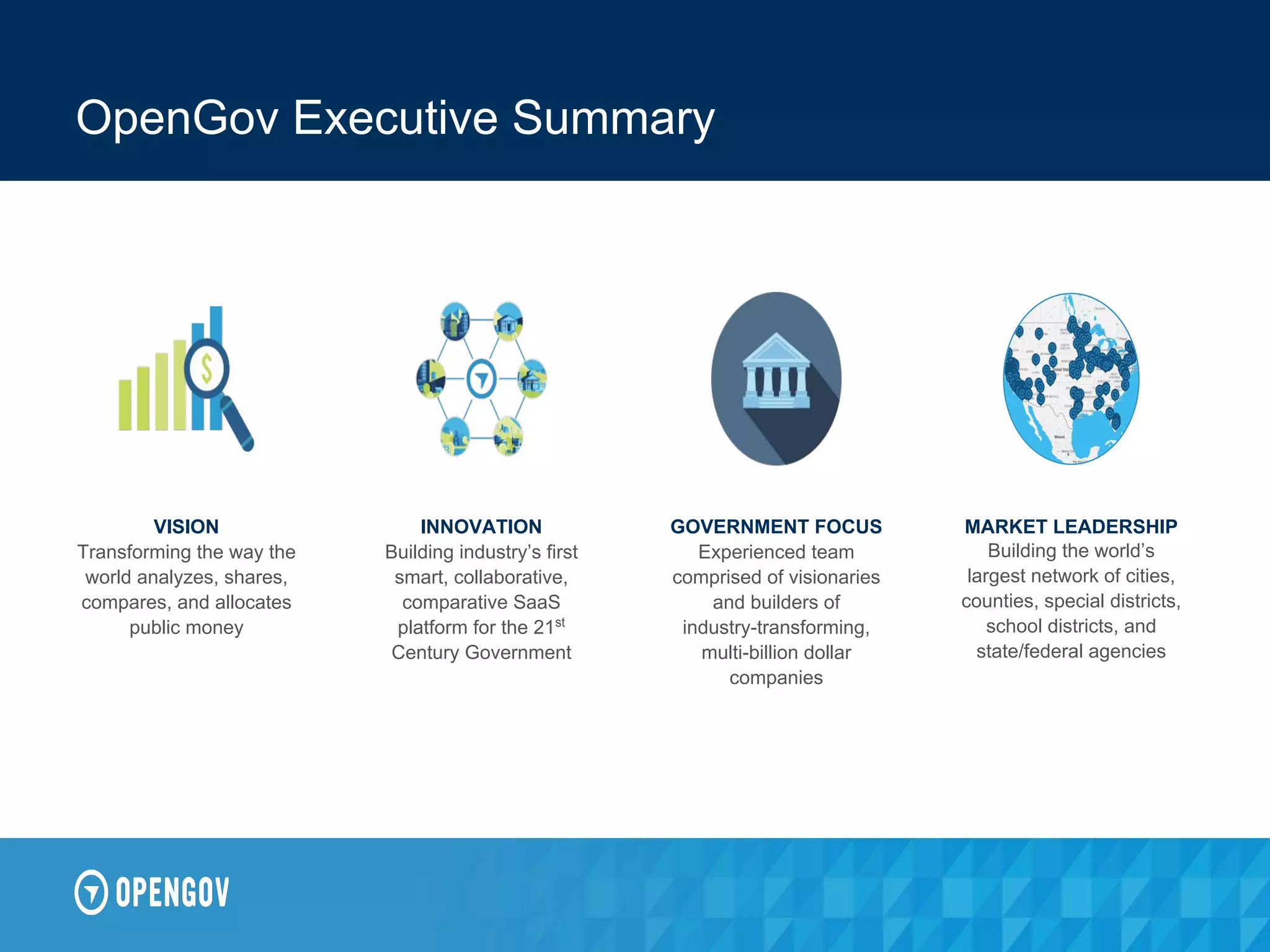 OpenGov Executive Summary
INNOVATION
Building industry’s first
smart, collaborative,
comparative SaaS
platform for the 21st
Century Government
VISION
Transforming the way the
world analyzes, shares,
compares, and allocates
public money
GOVERNMENT FOCUS
Experienced team
comprised of visionaries
and builders of
industry-transforming,
multi-billion dollar
companies
MARKET LEADERSHIP
Building the world’s
largest network of cities,
counties, special districts,
school districts, and
state/federal agencies
 