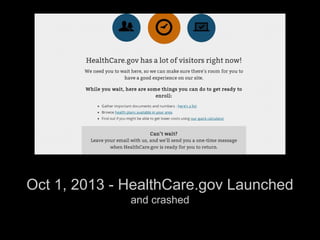Oct 1, 2013 - HealthCare.gov Launched
and crashed
 