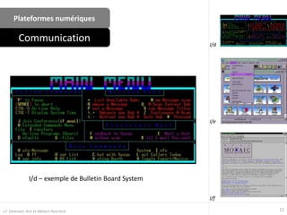 Plateformes numériques
Communication
11J.F. Omhover, Arts et Métiers ParisTech
I/d – exemple de Bulletin Board System
I/e
I/d
I/f
 