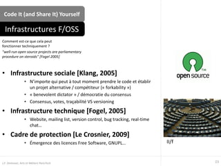 Code It (and Share It) Yourself
• Infrastructure sociale [Klang, 2005]
• N’importe qui peut à tout moment prendre le code et établir
un projet alternative / compétiteur (« forkability »)
• « benevolent dictator » / démocratie du consensus
• Consensus, votes, traçabilité VS versioning
• Infrastructure technique [Fogel, 2005]
• Website, mailing list, version control, bug tracking, real-time
chat…
• Cadre de protection [Le Crosnier, 2009]
• Émergence des licences Free Software, GNUPL…
Comment est-ce que cela peut
fonctionner techniquement ?
"well-run open source projects are parliamentary
procedure on steroids" [Fogel 2005]
Infrastructures F/OSS
23J.F. Omhover, Arts et Métiers ParisTech
II/f
 