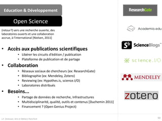 Education & Développement
• Accès aux publications scientifiques
• Libérer les circuits d’édition / publication
• Plateforme de publication et de partage
• Collaboration
• Réseaux sociaux de chercheurs (ex: ResearchGate)
• Bibliographie (ex: Mendeley, Zotero)
• Reviewing (ex: Hypothes.is, science.I/O)
• Laboratoires distribués
• Besoins...
• Partage de données de recherche, Infrastructures
• Multidisciplinarité, qualité, outils et contenus [Duchemin 2011]
• Financement ? (Open Genius Project)
(retour?) vers une recherche ouverte, des
laboratoires ouverts et une collaboration
accrue, à l’international [Nielsen, 2011]
Open Science
50J.F. Omhover, Arts et Métiers ParisTech
 