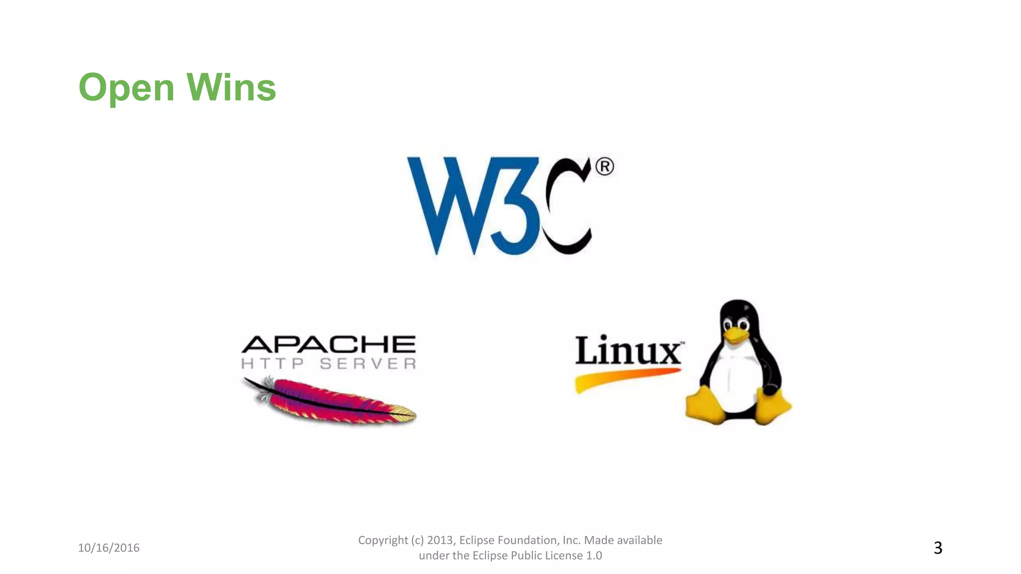 Open Wins
10/16/2016
Copyright (c) 2013, Eclipse Foundation, Inc. Made available
under the Eclipse Public License 1.0 3
 