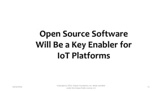 10/16/2016
Copyright (c) 2013, Eclipse Foundation, Inc. Made available
under the Eclipse Public License 1.0
11
Open Source Software
Will Be a Key Enabler for
IoT Platforms
 
