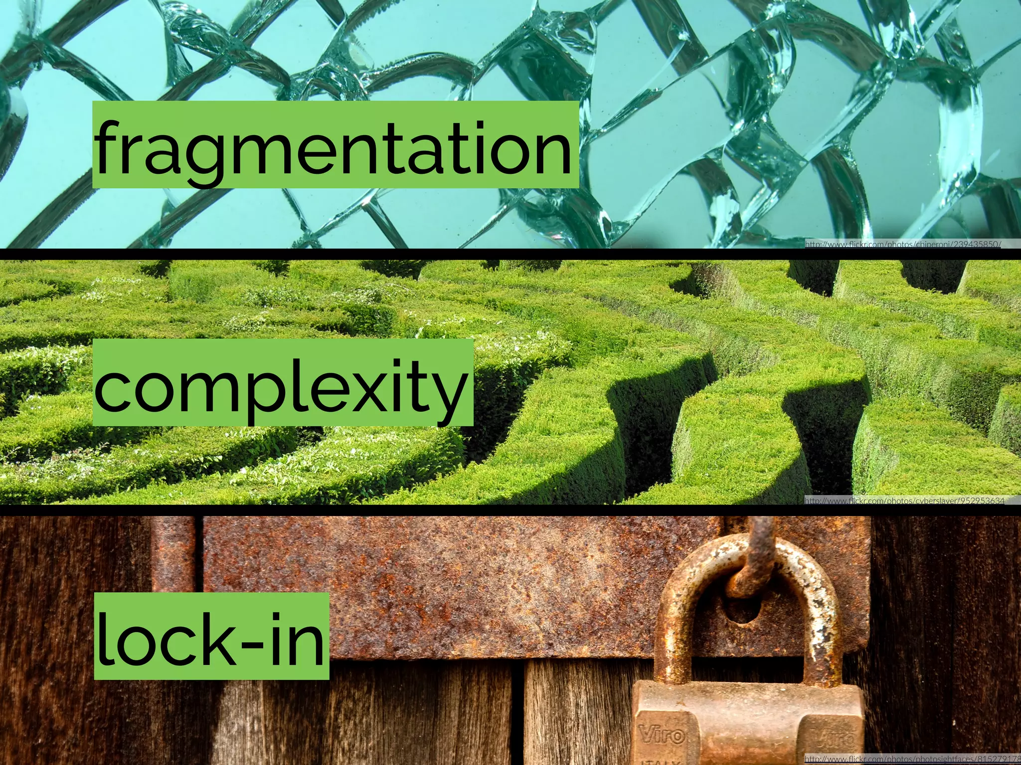 h"p://www.ﬂickr.com/photos/chiperoni/239435850/
fragmentation
lock-in
h"p://www.ﬂickr.com/photos/photosigh<aces/815279178
complexity
h"p://www.ﬂickr.com/photos/cyberslayer/952953634
 