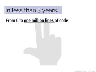  Hand	
  by	
  Castor	
  &	
  Pollux	
  from	
  The	
  Noun	
  Project	
  
From 0 to one million lines of code
In less than 3 years…
 