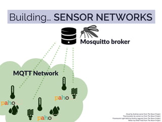  Cloud	
  by	
  Andrew	
  Lynne	
  from	
  The	
  Noun	
  Project	
  
	
  Thermometer	
  by	
  Lemon	
  Liu	
  from	
  The	
  Noun	
  Project	
  
	
  Fluorescent	
  Light	
  Bulb	
  by	
  Dmitriy	
  Lagunov	
  from	
  The	
  Noun	
  Project	
  
	
  Water	
  by	
  Gilad	
  Fried	
  from	
  The	
  Noun	
  Project	
  
MQTT  Network
Mosqui9o  broker
Building… SENSOR NETWORKS
 