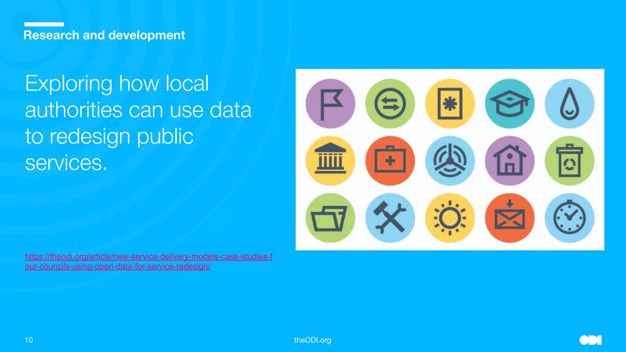10 theODI.org
Place your image over the grey box and crop accordingly
Research and development
Exploring how local
authorities can use data
to redesign public
services.
https://theodi.org/article/new-service-delivery-models-case-studies-f
our-councils-using-open-data-for-service-redesign/
 