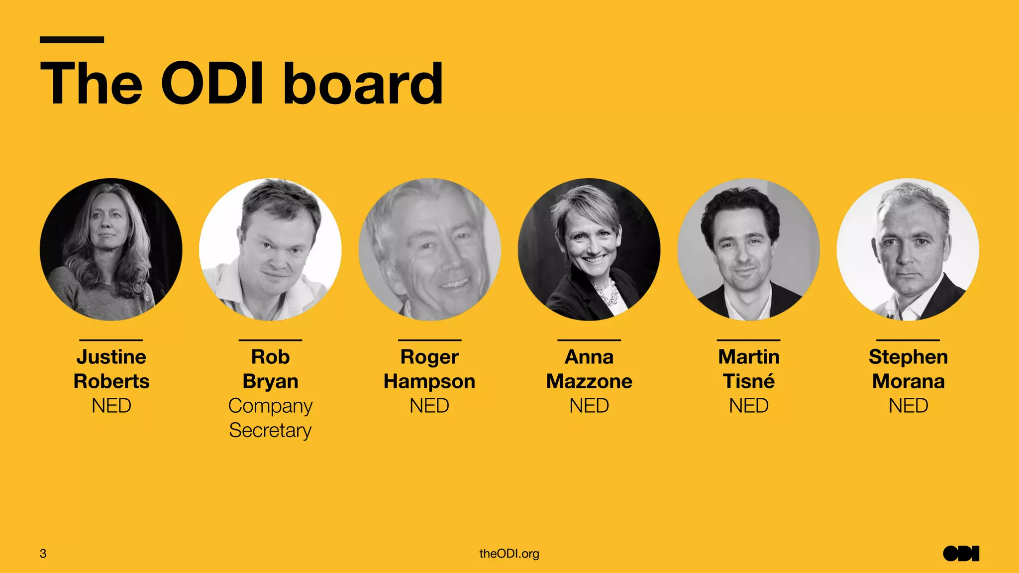 3 theODI.org
The ODI board
Justine
Roberts
NED
Rob
Bryan
Company
Secretary
Roger
Hampson
NED
Anna
Mazzone
NED
Martin
Tisné
NED
Stephen
Morana
NED
 