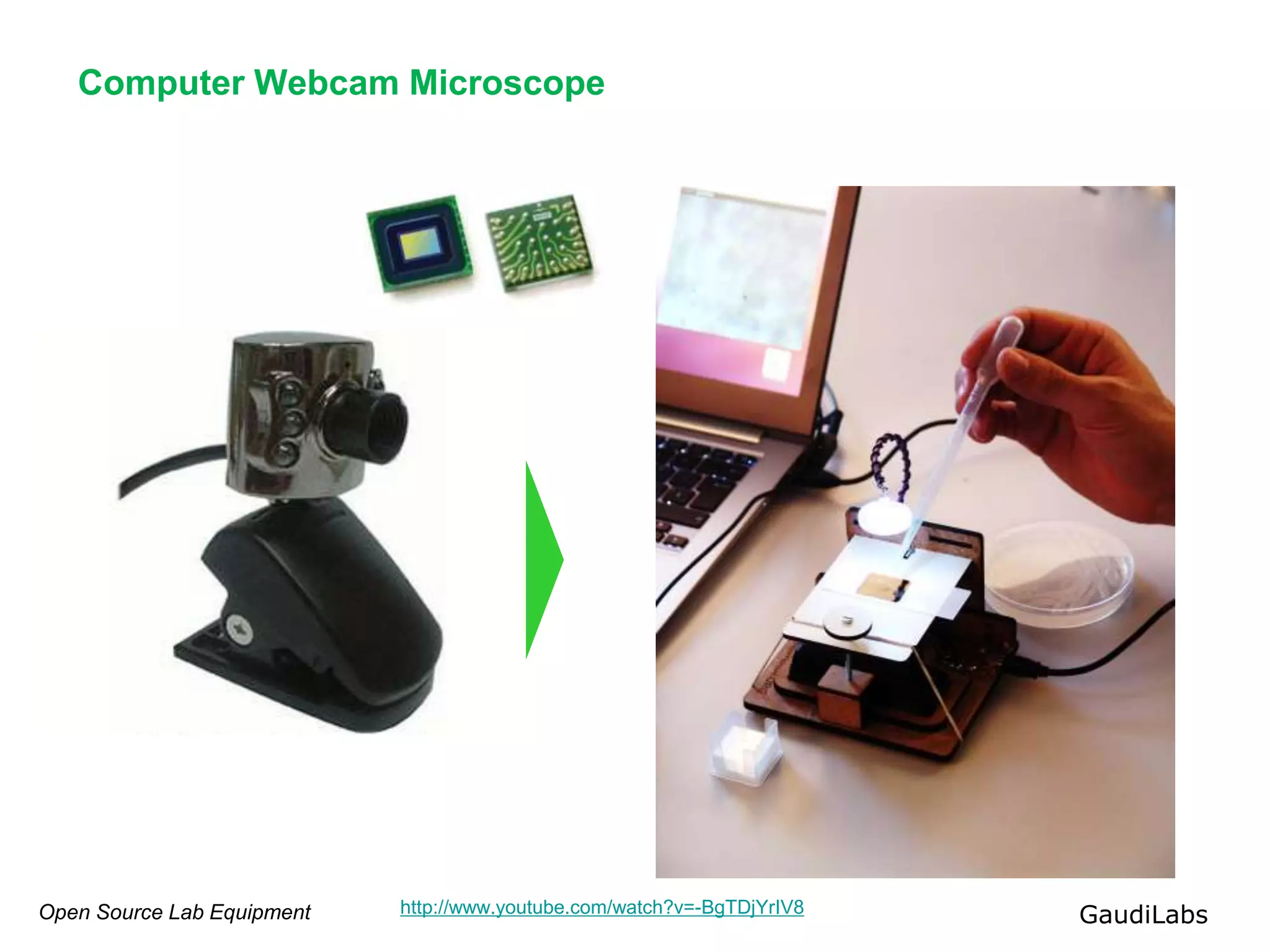 Open Source Lab Equipment GaudiLabs
Computer Webcam Microscope
http://www.youtube.com/watch?v=-BgTDjYrIV8
 