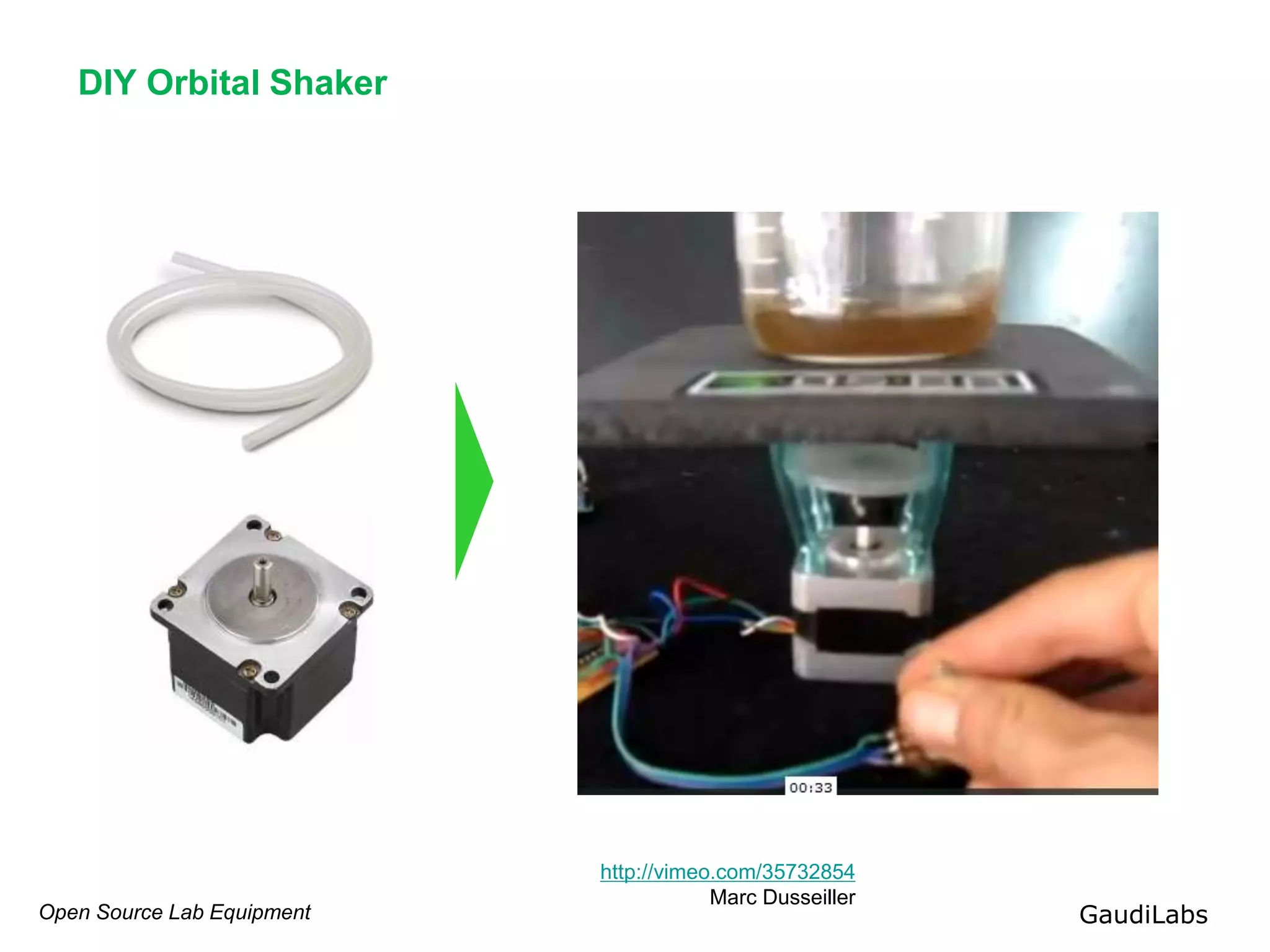 Open Source Lab Equipment GaudiLabs
DIY Orbital Shaker
http://vimeo.com/35732854
Marc Dusseiller
 