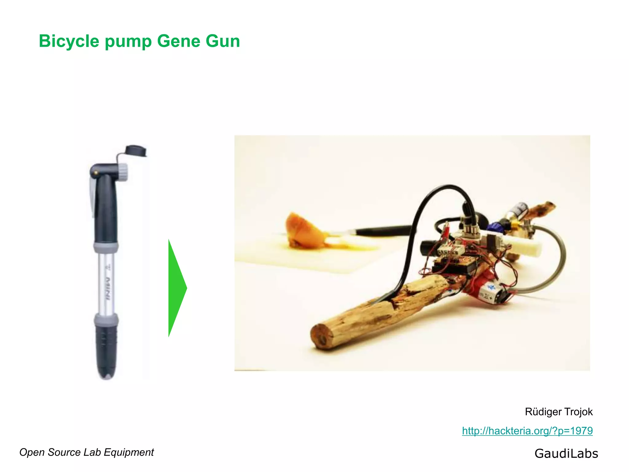 Open Source Lab Equipment GaudiLabs
Bicycle pump Gene Gun
Rüdiger Trojok
http://hackteria.org/?p=1979
 
