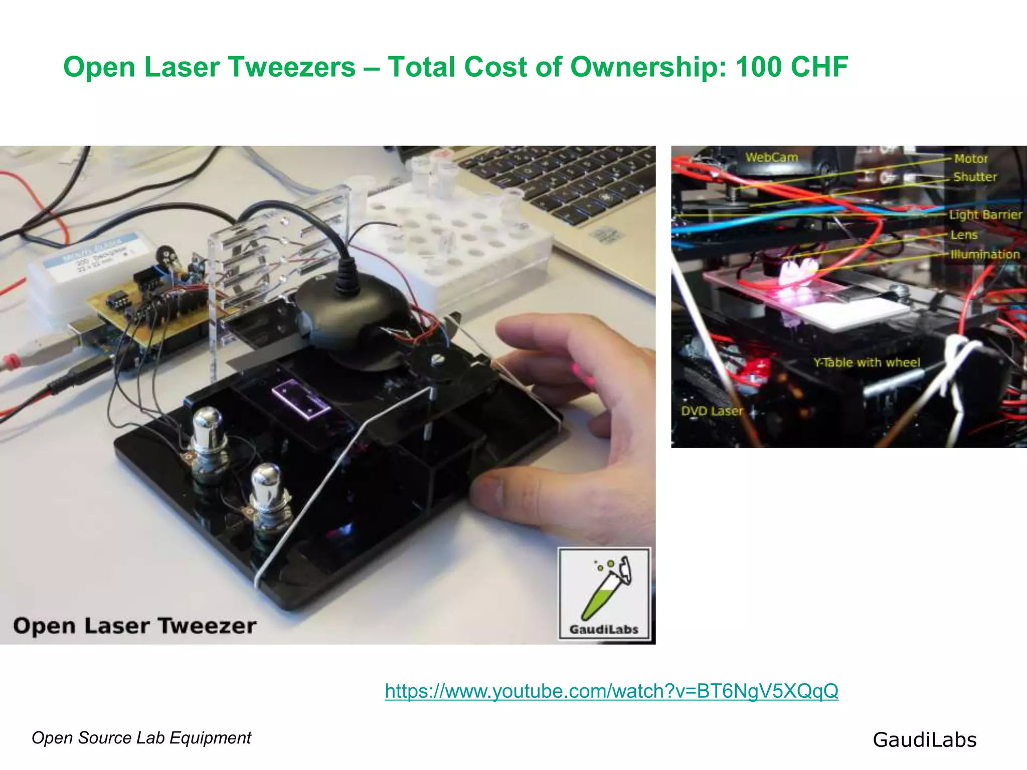 Open Source Lab Equipment GaudiLabs
Open Laser Tweezers – Total Cost of Ownership: 100 CHF
https://www.youtube.com/watch?v=BT6NgV5XQqQ
 