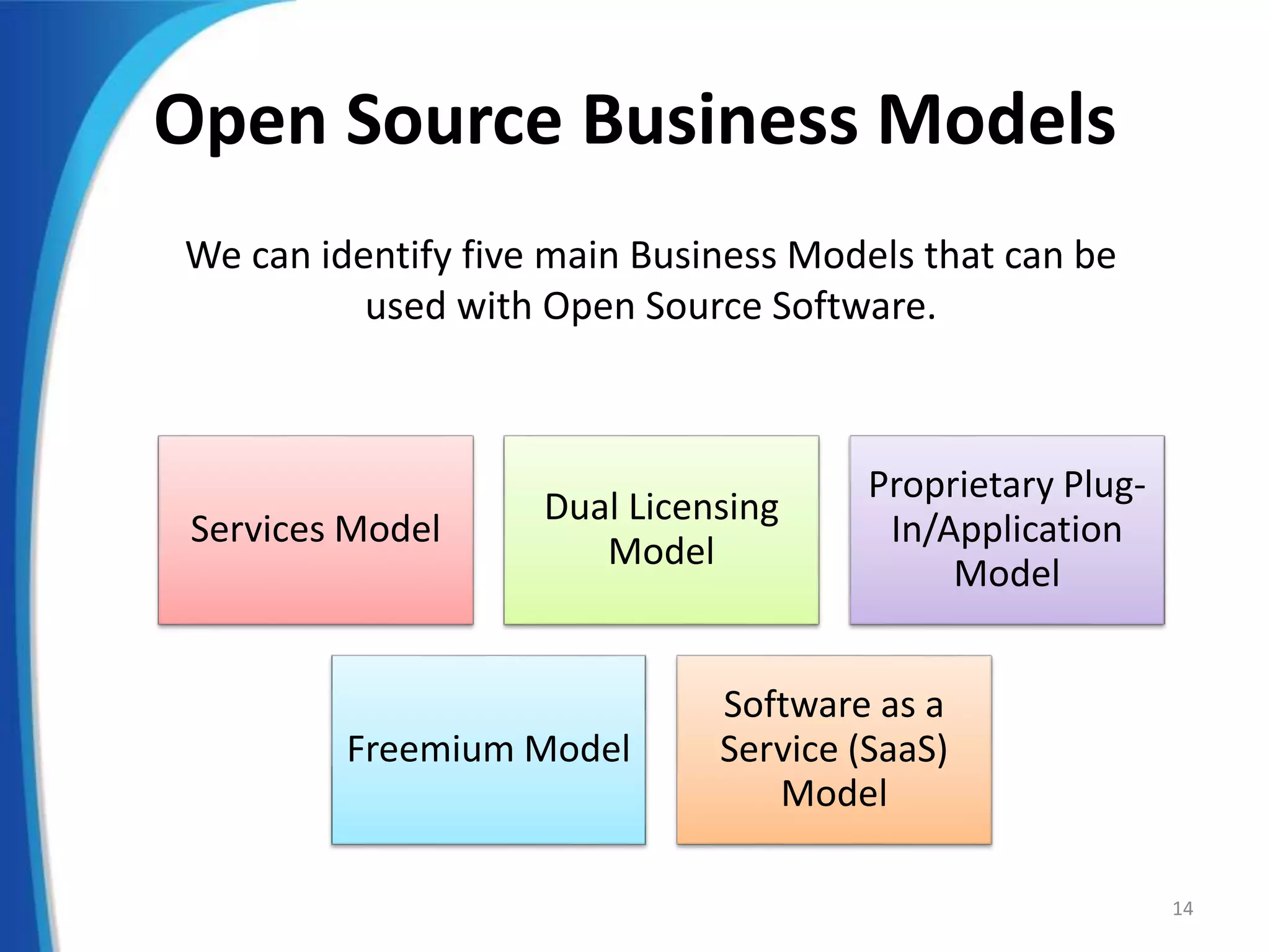 Open Source Business Models
We can identify five main Business Models that can be
used with Open Source Software.
Services Model
Dual Licensing
Model
Proprietary Plug-
In/Application
Model
Freemium Model
Software as a
Service (SaaS)
Model
14
 