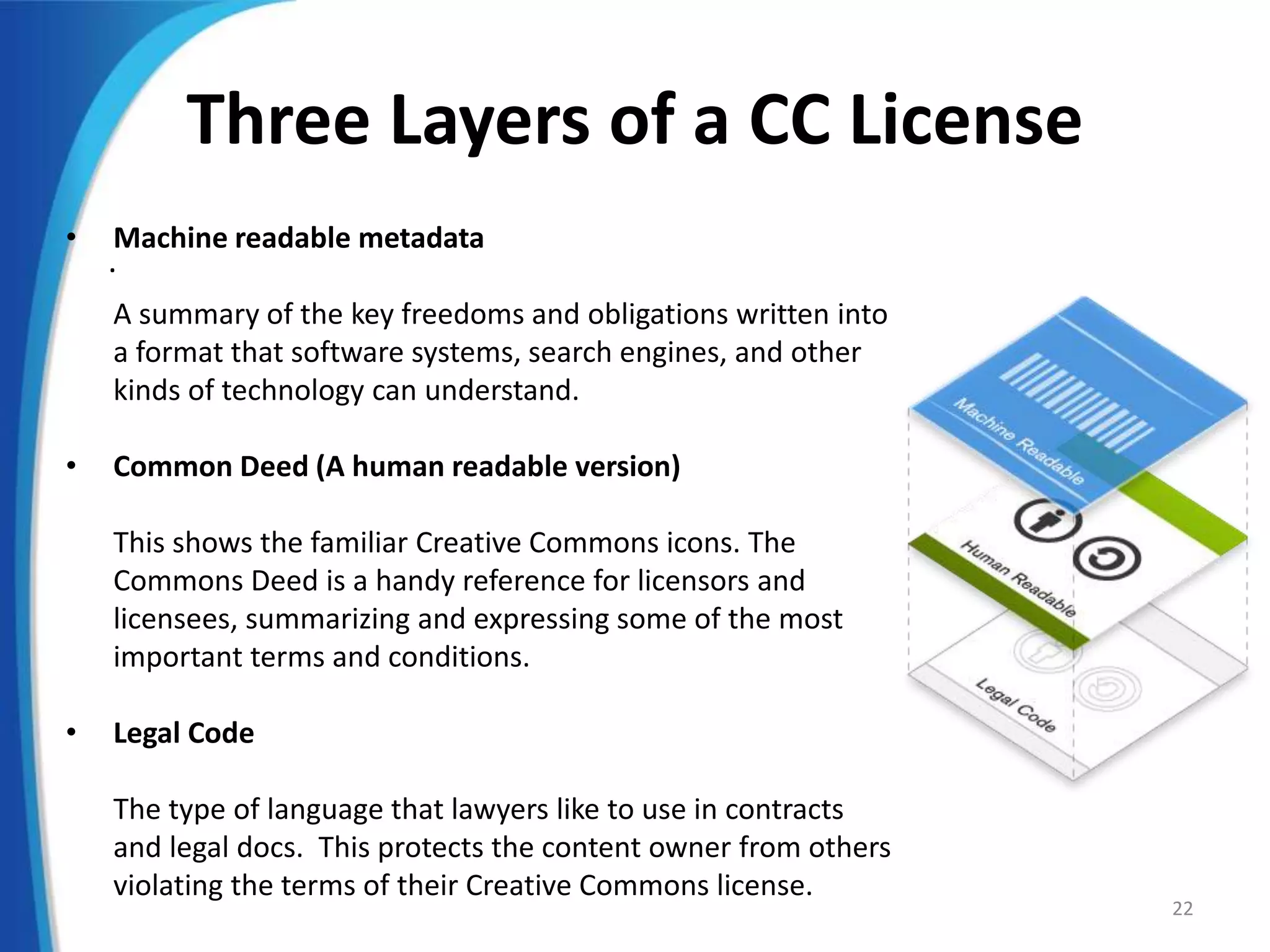 Three Layers of a CC License
.
• Machine readable metadata
A summary of the key freedoms and obligations written into
a format that software systems, search engines, and other
kinds of technology can understand.
• Common Deed (A human readable version)
This shows the familiar Creative Commons icons. The
Commons Deed is a handy reference for licensors and
licensees, summarizing and expressing some of the most
important terms and conditions.
• Legal Code
The type of language that lawyers like to use in contracts
and legal docs. This protects the content owner from others
violating the terms of their Creative Commons license.
22
 