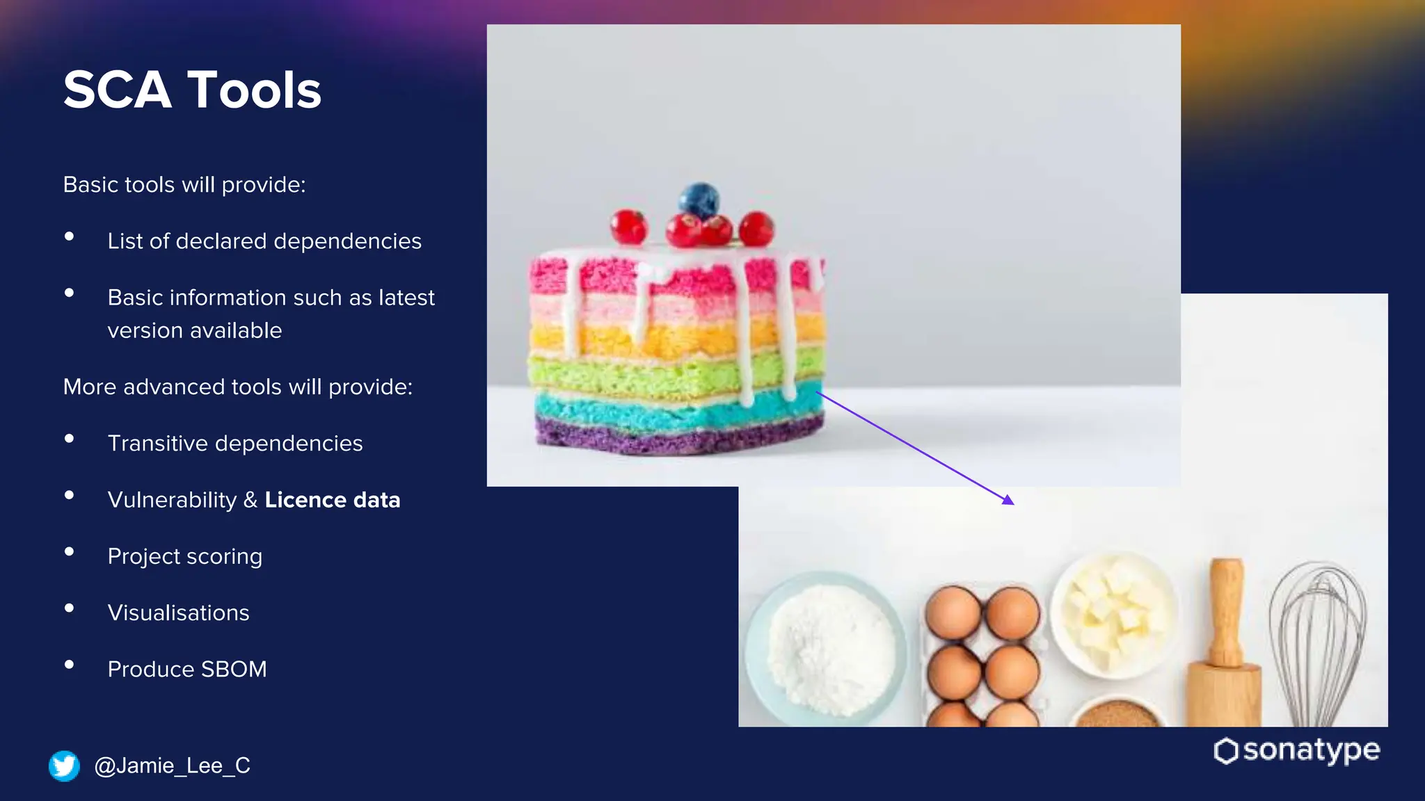 @Jamie_Lee_C
SCA Tools
Basic tools will provide:
• List of declared dependencies
• Basic information such as latest
version available
More advanced tools will provide:
• Transitive dependencies
• Vulnerability & Licence data
• Project scoring
• Visualisations
• Produce SBOM
 