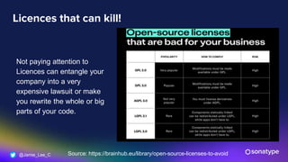 @Jamie_Lee_C
Licences that can kill!
Not paying attention to
Licences can entangle your
company into a very
expensive lawsuit or make
you rewrite the whole or big
parts of your code.
Source: https://brainhub.eu/library/open-source-licenses-to-avoid
 