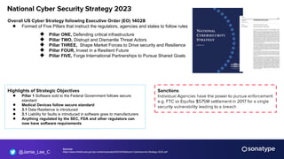 @Jamie_Lee_C
● Formed of Five Pillars that instruct the regulators, agencies and states to follow rules
◆ Pillar ONE, Defending critical infrastructure
◆ Pillar TWO, Distrupt and Dismantle Threat Actors
◆ Pillar THREE, Shape Market Forces to Drive security and Resilience
◆ Pillar FOUR, Invest in a Resilient Future
◆ Pillar FIVE, Forge International Partnerships to Pursue Shared Goals
● Pillar 1 Software sold to the Federal Government follows secure
standard
● Medical Devices follow secure standard
● 3.1 Data Resilience is introduced
● 3.1 Liability for faults is introduced in software goes to manufacturers
● Anything regulated by the SEC, FDA and other regulators can
now have software requirements
Sources:
https://www.whitehouse.gov/wp-content/uploads/2023/03/National-Cybersecurity-Strategy-2023.pdf
 