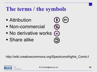The terms / the symbols Attribution Non-commercial No derivative works Share alike http://wiki.creativecommons.org/Spectrumofrights_Comic1 [email_address] 