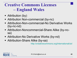 Creative Commons Licenses  – England Wales Attribution (by) Attribution Non-commercial (by-nc) Attribution-Non-commercial-No Derivative Works (by-nc-nd) Attribution-Noncommercial-Share Alike (by-nc-sa) Attribution-No Derivative Works (by-nd) Attribution-Share Alike (by-sa) http://creativecommons.org/international/uk/ [email_address] 