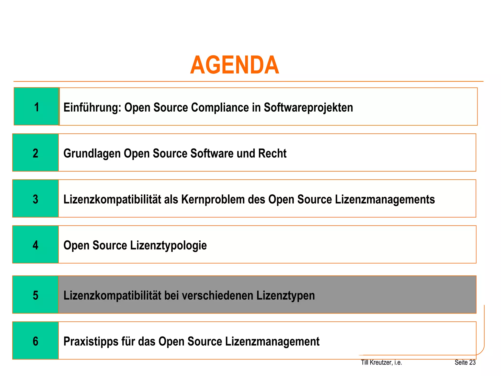 Seite  Till Kreutzer, i.e. Seite  1 4 Open Source Lizenztypologie Einführung: Open Source Compliance in Softwareprojekten AGENDA 2 Grundlagen Open Source Software und Recht 3 Lizenzkompatibilität als Kernproblem des Open Source Lizenzmanagements 5 Lizenzkompatibilität bei verschiedenen Lizenztypen 6 Praxistipps für das Open Source Lizenzmanagement Till Kreutzer, i.e. 