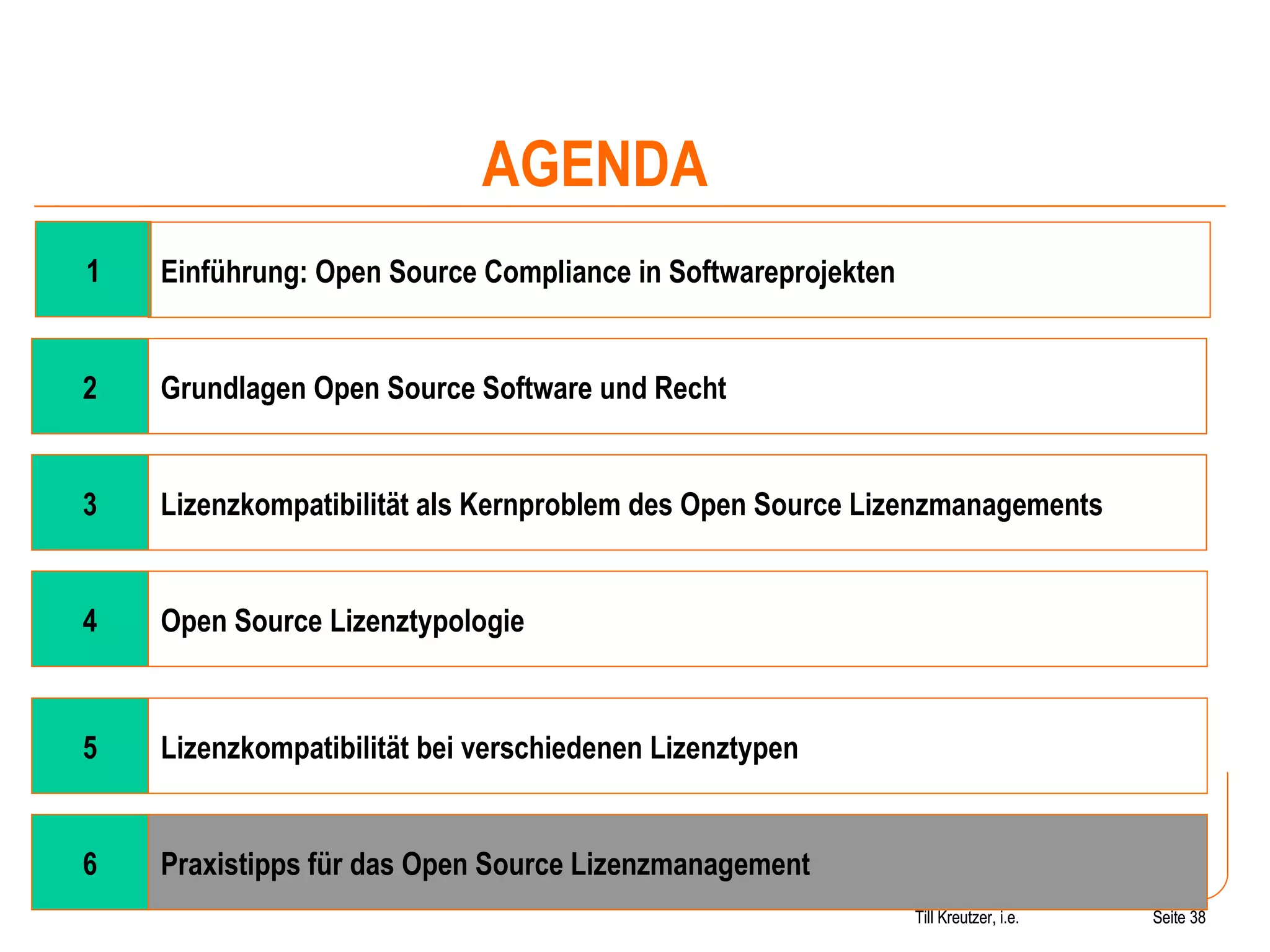 Seite  Till Kreutzer, i.e. Seite  1 4 Open Source Lizenztypologie Einführung: Open Source Compliance in Softwareprojekten AGENDA 2 Grundlagen Open Source Software und Recht 3 Lizenzkompatibilität als Kernproblem des Open Source Lizenzmanagements 5 Lizenzkompatibilität bei verschiedenen Lizenztypen 6 Praxistipps für das Open Source Lizenzmanagement Till Kreutzer, i.e. 