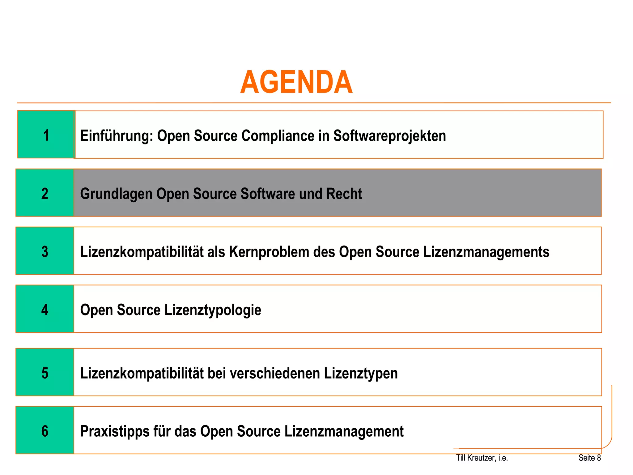 Seite  Till Kreutzer, i.e. Seite  1 4 Open Source Lizenztypologie Einführung: Open Source Compliance in Softwareprojekten AGENDA 2 Grundlagen Open Source Software und Recht 3 Lizenzkompatibilität als Kernproblem des Open Source Lizenzmanagements 5 Lizenzkompatibilität bei verschiedenen Lizenztypen 6 Praxistipps für das Open Source Lizenzmanagement Till Kreutzer, i.e. 