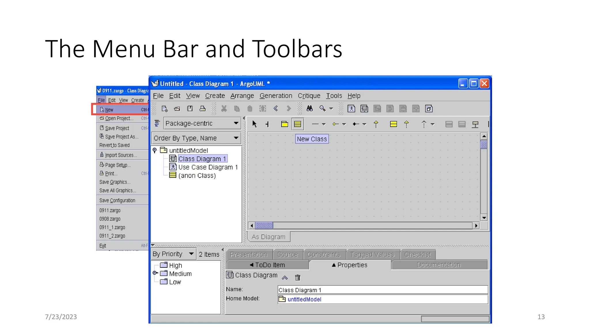 7/23/2023 13
The Menu Bar and Toolbars
1. New a Model.
2. Add a class in the class diagram in the Model.
 