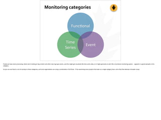 Monitoring	
  categories
Func;onal
Time	
  
Series
Event
Finally	
  we	
  have	
  event	
  processing,	
  where	
  we’re	
  looking	
  at	
  log	
  content	
  and	
  other	
  near	
  log-­‐type	
  events,	
  and	
  this	
  might	
  get	
  visualized	
  like	
  ;me	
  series	
  data,	
  or	
  it	
  might	
  generate	
  an	
  alert	
  like	
  a	
  func;onal	
  monitoring	
  system.	
  	
  	
  Logstash	
  is	
  a	
  good	
  example	
  in	
  this	
  
category.	
  
So	
  you	
  can	
  see	
  there’s	
  a	
  lot	
  of	
  overlap	
  to	
  these	
  categories,	
  and	
  most	
  organiza;ons	
  are	
  using	
  a	
  combina;on	
  of	
  all	
  three.	
  	
  I’ll	
  be	
  examining	
  some	
  projects	
  that	
  take	
  on	
  a	
  single	
  category	
  here,	
  and	
  a	
  few	
  that	
  a[empt	
  a	
  broader	
  scope.	
  
 