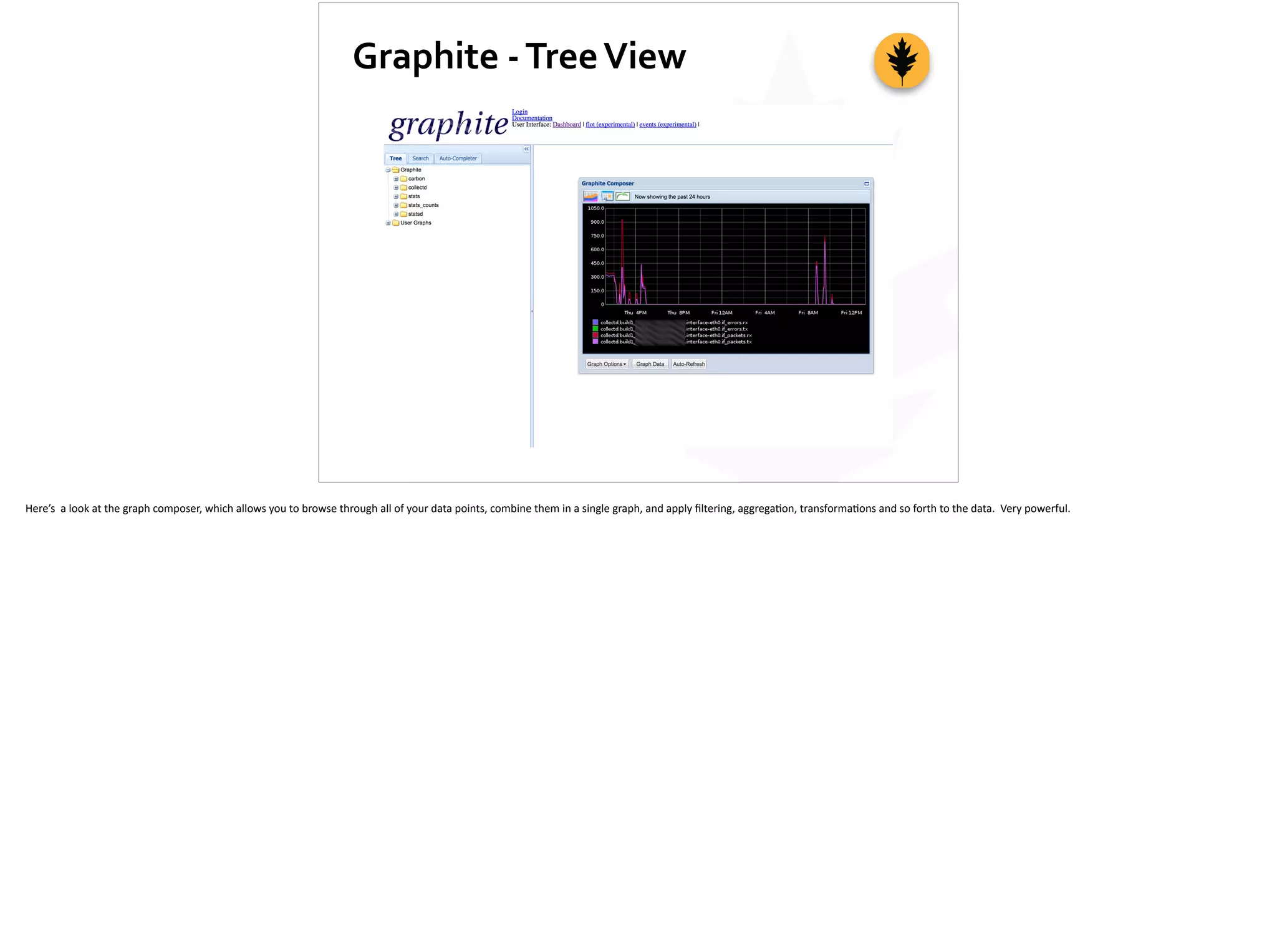 Graphite	
  -­‐	
  Tree	
  View
Here’s	
  	
  a	
  look	
  at	
  the	
  graph	
  composer,	
  which	
  allows	
  you	
  to	
  browse	
  through	
  all	
  of	
  your	
  data	
  points,	
  combine	
  them	
  in	
  a	
  single	
  graph,	
  and	
  apply	
  ﬁltering,	
  aggrega;on,	
  transforma;ons	
  and	
  so	
  forth	
  to	
  the	
  data.	
  	
  Very	
  powerful.
 