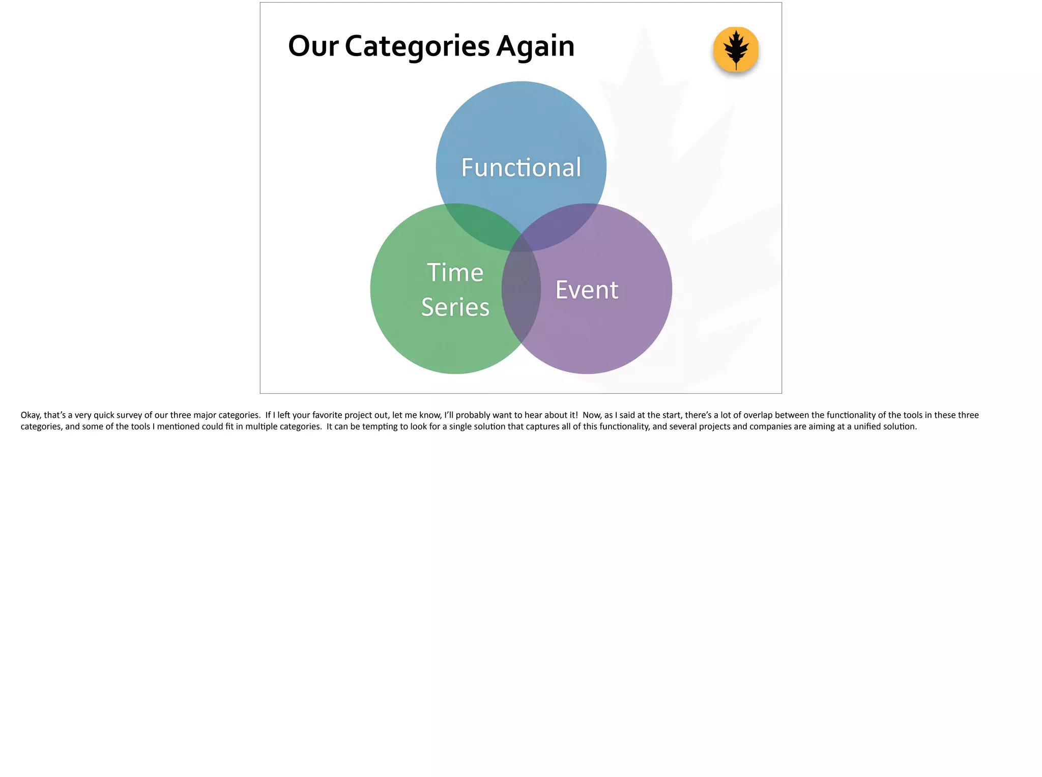 Our	
  Categories	
  Again
Func;onal
Time	
  
Series
Event
Okay,	
  that’s	
  a	
  very	
  quick	
  survey	
  of	
  our	
  three	
  major	
  categories.	
  	
  If	
  I	
  le]	
  your	
  favorite	
  project	
  out,	
  let	
  me	
  know,	
  I’ll	
  probably	
  want	
  to	
  hear	
  about	
  it!	
  	
  Now,	
  as	
  I	
  said	
  at	
  the	
  start,	
  there’s	
  a	
  lot	
  of	
  overlap	
  between	
  the	
  func;onality	
  of	
  the	
  tools	
  in	
  these	
  three	
  
categories,	
  and	
  some	
  of	
  the	
  tools	
  I	
  men;oned	
  could	
  ﬁt	
  in	
  mul;ple	
  categories.	
  	
  It	
  can	
  be	
  temp;ng	
  to	
  look	
  for	
  a	
  single	
  solu;on	
  that	
  captures	
  all	
  of	
  this	
  func;onality,	
  and	
  several	
  projects	
  and	
  companies	
  are	
  aiming	
  at	
  a	
  uniﬁed	
  solu;on.	
  
 