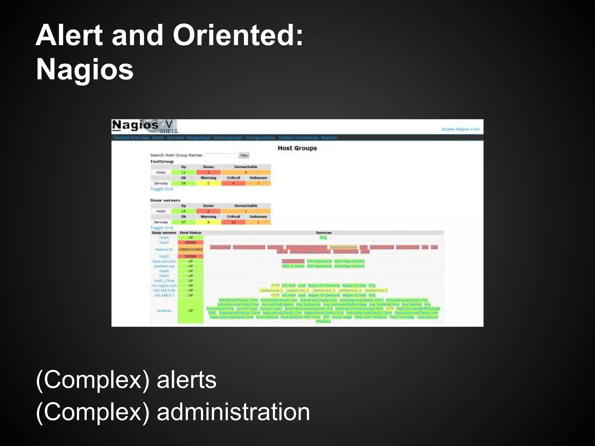 Alert and Oriented:
Nagios




(Complex) alerts
(Complex) administration
 