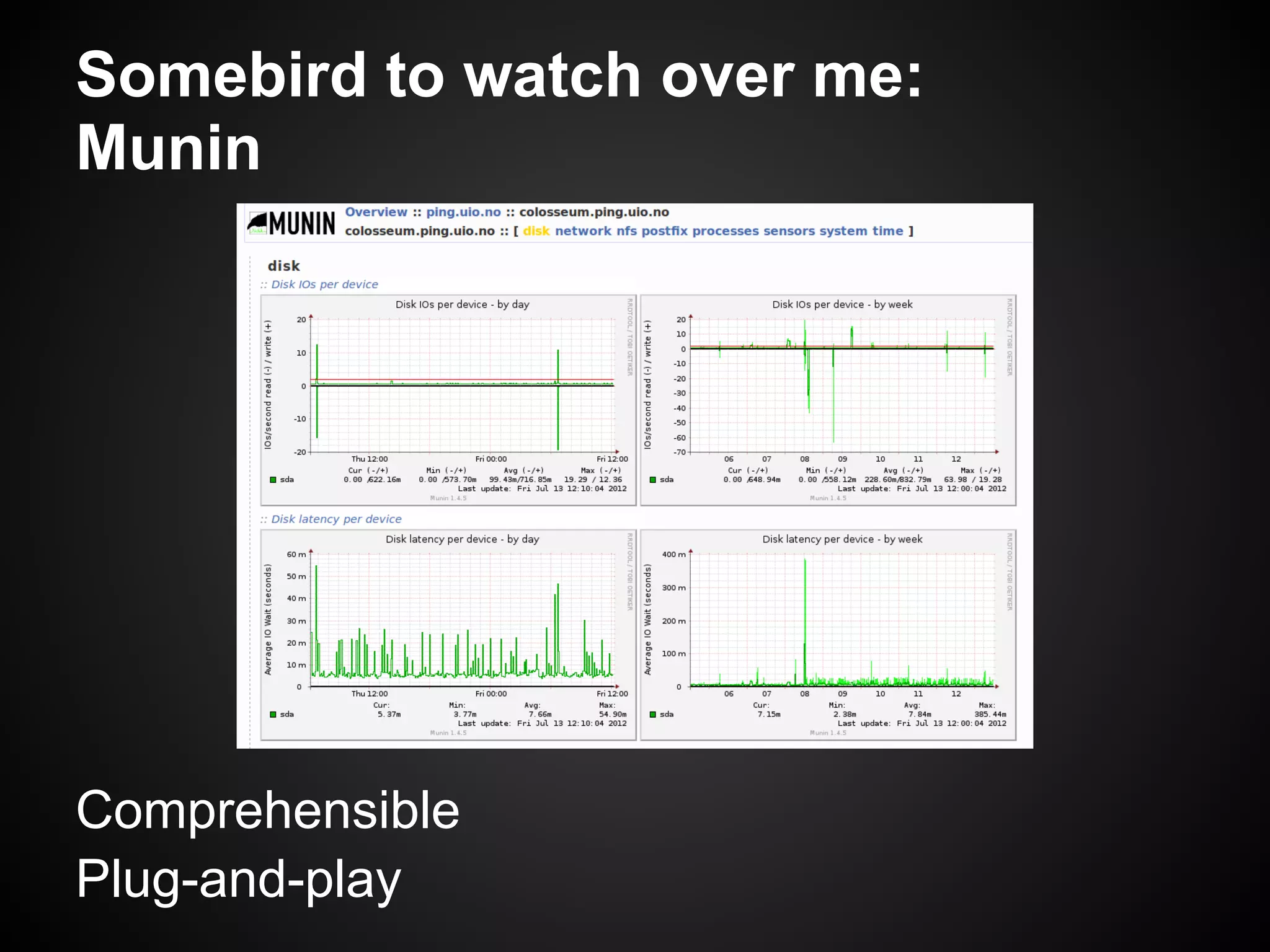 Somebird to watch over me:
Munin




Comprehensible
Plug-and-play
 