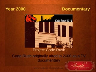Year 2000

Documentary

Project Code Rush
Code Rush originally aired in 2000 as a TV
documentary

 
