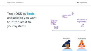 Treat OSS as Tools
and ask: do you want
to introduce it to
your system?
Automate
this ...
Help me
deliver
code...
Introduce a
capability ...
Open Source: Open Choice
Developers
DevOps
 