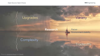 Upgrades
Complexity
Research
Variety
Tradeoffs
Focus -
Environment stability
Photo by Johannes Plenio from Pexels
Open Source: Open Choice
 