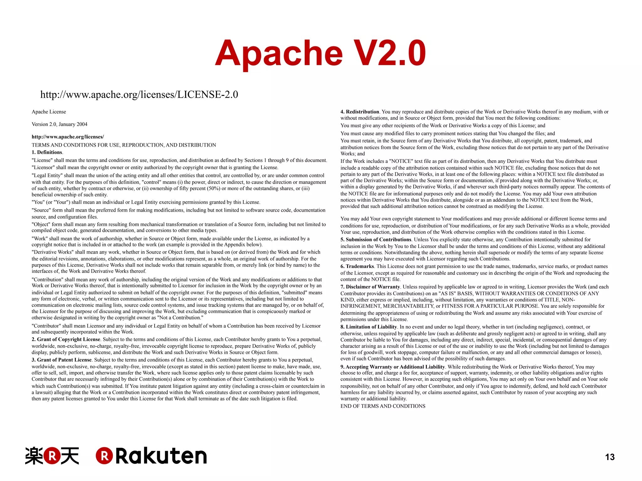 Apache V2.0
http://www.apache.org/licenses/LICENSE-2.0
Apache License
Version 2.0, January 2004
http://www.apache.org/licenses/
TERMS AND CONDITIONS FOR USE, REPRODUCTION, AND DISTRIBUTION
1. Definitions.
"License" shall mean the terms and conditions for use, reproduction, and distribution as defined by Sections 1 through 9 of this document.
"Licensor" shall mean the copyright owner or entity authorized by the copyright owner that is granting the License.
"Legal Entity" shall mean the union of the acting entity and all other entities that control, are controlled by, or are under common control
with that entity. For the purposes of this definition, "control" means (i) the power, direct or indirect, to cause the direction or management
of such entity, whether by contract or otherwise, or (ii) ownership of fifty percent (50%) or more of the outstanding shares, or (iii)
beneficial ownership of such entity.
"You" (or "Your") shall mean an individual or Legal Entity exercising permissions granted by this License.
"Source" form shall mean the preferred form for making modifications, including but not limited to software source code, documentation
source, and configuration files.
"Object" form shall mean any form resulting from mechanical transformation or translation of a Source form, including but not limited to
compiled object code, generated documentation, and conversions to other media types.
"Work" shall mean the work of authorship, whether in Source or Object form, made available under the License, as indicated by a
copyright notice that is included in or attached to the work (an example is provided in the Appendix below).
"Derivative Works" shall mean any work, whether in Source or Object form, that is based on (or derived from) the Work and for which
the editorial revisions, annotations, elaborations, or other modifications represent, as a whole, an original work of authorship. For the
purposes of this License, Derivative Works shall not include works that remain separable from, or merely link (or bind by name) to the
interfaces of, the Work and Derivative Works thereof.
"Contribution" shall mean any work of authorship, including the original version of the Work and any modifications or additions to that
Work or Derivative Works thereof, that is intentionally submitted to Licensor for inclusion in the Work by the copyright owner or by an
individual or Legal Entity authorized to submit on behalf of the copyright owner. For the purposes of this definition, "submitted" means
any form of electronic, verbal, or written communication sent to the Licensor or its representatives, including but not limited to
communication on electronic mailing lists, source code control systems, and issue tracking systems that are managed by, or on behalf of,
the Licensor for the purpose of discussing and improving the Work, but excluding communication that is conspicuously marked or
otherwise designated in writing by the copyright owner as "Not a Contribution."
"Contributor" shall mean Licensor and any individual or Legal Entity on behalf of whom a Contribution has been received by Licensor
and subsequently incorporated within the Work.
2. Grant of Copyright License. Subject to the terms and conditions of this License, each Contributor hereby grants to You a perpetual,
worldwide, non-exclusive, no-charge, royalty-free, irrevocable copyright license to reproduce, prepare Derivative Works of, publicly
display, publicly perform, sublicense, and distribute the Work and such Derivative Works in Source or Object form.
3. Grant of Patent License. Subject to the terms and conditions of this License, each Contributor hereby grants to You a perpetual,
worldwide, non-exclusive, no-charge, royalty-free, irrevocable (except as stated in this section) patent license to make, have made, use,
offer to sell, sell, import, and otherwise transfer the Work, where such license applies only to those patent claims licensable by such
Contributor that are necessarily infringed by their Contribution(s) alone or by combination of their Contribution(s) with the Work to
which such Contribution(s) was submitted. If You institute patent litigation against any entity (including a cross-claim or counterclaim in
a lawsuit) alleging that the Work or a Contribution incorporated within the Work constitutes direct or contributory patent infringement,
then any patent licenses granted to You under this License for that Work shall terminate as of the date such litigation is filed.

4. Redistribution. You may reproduce and distribute copies of the Work or Derivative Works thereof in any medium, with or
without modifications, and in Source or Object form, provided that You meet the following conditions:
You must give any other recipients of the Work or Derivative Works a copy of this License; and
You must cause any modified files to carry prominent notices stating that You changed the files; and
You must retain, in the Source form of any Derivative Works that You distribute, all copyright, patent, trademark, and
attribution notices from the Source form of the Work, excluding those notices that do not pertain to any part of the Derivative
Works; and
If the Work includes a "NOTICE" text file as part of its distribution, then any Derivative Works that You distribute must
include a readable copy of the attribution notices contained within such NOTICE file, excluding those notices that do not
pertain to any part of the Derivative Works, in at least one of the following places: within a NOTICE text file distributed as
part of the Derivative Works; within the Source form or documentation, if provided along with the Derivative Works; or,
within a display generated by the Derivative Works, if and wherever such third-party notices normally appear. The contents of
the NOTICE file are for informational purposes only and do not modify the License. You may add Your own attribution
notices within Derivative Works that You distribute, alongside or as an addendum to the NOTICE text from the Work,
provided that such additional attribution notices cannot be construed as modifying the License.
You may add Your own copyright statement to Your modifications and may provide additional or different license terms and
conditions for use, reproduction, or distribution of Your modifications, or for any such Derivative Works as a whole, provided
Your use, reproduction, and distribution of the Work otherwise complies with the conditions stated in this License.
5. Submission of Contributions. Unless You explicitly state otherwise, any Contribution intentionally submitted for
inclusion in the Work by You to the Licensor shall be under the terms and conditions of this License, without any additional
terms or conditions. Notwithstanding the above, nothing herein shall supersede or modify the terms of any separate license
agreement you may have executed with Licensor regarding such Contributions.
6. Trademarks. This License does not grant permission to use the trade names, trademarks, service marks, or product names
of the Licensor, except as required for reasonable and customary use in describing the origin of the Work and reproducing the
content of the NOTICE file.
7. Disclaimer of Warranty. Unless required by applicable law or agreed to in writing, Licensor provides the Work (and each
Contributor provides its Contributions) on an "AS IS" BASIS, WITHOUT WARRANTIES OR CONDITIONS OF ANY
KIND, either express or implied, including, without limitation, any warranties or conditions of TITLE, NONINFRINGEMENT, MERCHANTABILITY, or FITNESS FOR A PARTICULAR PURPOSE. You are solely responsible for
determining the appropriateness of using or redistributing the Work and assume any risks associated with Your exercise of
permissions under this License.
8. Limitation of Liability. In no event and under no legal theory, whether in tort (including negligence), contract, or
otherwise, unless required by applicable law (such as deliberate and grossly negligent acts) or agreed to in writing, shall any
Contributor be liable to You for damages, including any direct, indirect, special, incidental, or consequential damages of any
character arising as a result of this License or out of the use or inability to use the Work (including but not limited to damages
for loss of goodwill, work stoppage, computer failure or malfunction, or any and all other commercial damages or losses),
even if such Contributor has been advised of the possibility of such damages.
9. Accepting Warranty or Additional Liability. While redistributing the Work or Derivative Works thereof, You may
choose to offer, and charge a fee for, acceptance of support, warranty, indemnity, or other liability obligations and/or rights
consistent with this License. However, in accepting such obligations, You may act only on Your own behalf and on Your sole
responsibility, not on behalf of any other Contributor, and only if You agree to indemnify, defend, and hold each Contributor
harmless for any liability incurred by, or claims asserted against, such Contributor by reason of your accepting any such
warranty or additional liability.
END OF TERMS AND CONDITIONS

13

 