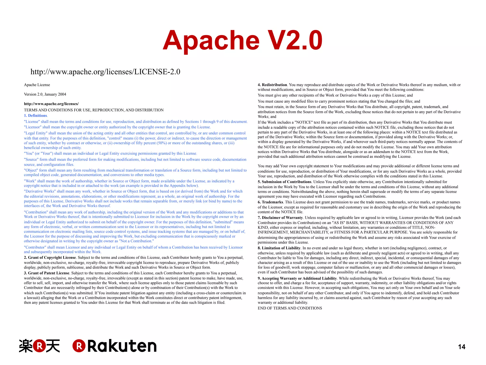 Apache V2.0
http://www.apache.org/licenses/LICENSE-2.0
Apache License
Version 2.0, January 2004
http://www.apache.org/licenses/
TERMS AND CONDITIONS FOR USE, REPRODUCTION, AND DISTRIBUTION
1. Definitions.
"License" shall mean the terms and conditions for use, reproduction, and distribution as defined by Sections 1 through 9 of this document.
"Licensor" shall mean the copyright owner or entity authorized by the copyright owner that is granting the License.
"Legal Entity" shall mean the union of the acting entity and all other entities that control, are controlled by, or are under common control
with that entity. For the purposes of this definition, "control" means (i) the power, direct or indirect, to cause the direction or management
of such entity, whether by contract or otherwise, or (ii) ownership of fifty percent (50%) or more of the outstanding shares, or (iii)
beneficial ownership of such entity.
"You" (or "Your") shall mean an individual or Legal Entity exercising permissions granted by this License.
"Source" form shall mean the preferred form for making modifications, including but not limited to software source code, documentation
source, and configuration files.
"Object" form shall mean any form resulting from mechanical transformation or translation of a Source form, including but not limited to
compiled object code, generated documentation, and conversions to other media types.
"Work" shall mean the work of authorship, whether in Source or Object form, made available under the License, as indicated by a
copyright notice that is included in or attached to the work (an example is provided in the Appendix below).
"Derivative Works" shall mean any work, whether in Source or Object form, that is based on (or derived from) the Work and for which
the editorial revisions, annotations, elaborations, or other modifications represent, as a whole, an original work of authorship. For the
purposes of this License, Derivative Works shall not include works that remain separable from, or merely link (or bind by name) to the
interfaces of, the Work and Derivative Works thereof.
"Contribution" shall mean any work of authorship, including the original version of the Work and any modifications or additions to that
Work or Derivative Works thereof, that is intentionally submitted to Licensor for inclusion in the Work by the copyright owner or by an
individual or Legal Entity authorized to submit on behalf of the copyright owner. For the purposes of this definition, "submitted" means
any form of electronic, verbal, or written communication sent to the Licensor or its representatives, including but not limited to
communication on electronic mailing lists, source code control systems, and issue tracking systems that are managed by, or on behalf of,
the Licensor for the purpose of discussing and improving the Work, but excluding communication that is conspicuously marked or
otherwise designated in writing by the copyright owner as "Not a Contribution."
"Contributor" shall mean Licensor and any individual or Legal Entity on behalf of whom a Contribution has been received by Licensor
and subsequently incorporated within the Work.
2. Grant of Copyright License. Subject to the terms and conditions of this License, each Contributor hereby grants to You a perpetual,
worldwide, non-exclusive, no-charge, royalty-free, irrevocable copyright license to reproduce, prepare Derivative Works of, publicly
display, publicly perform, sublicense, and distribute the Work and such Derivative Works in Source or Object form.
3. Grant of Patent License. Subject to the terms and conditions of this License, each Contributor hereby grants to You a perpetual,
worldwide, non-exclusive, no-charge, royalty-free, irrevocable (except as stated in this section) patent license to make, have made, use,
offer to sell, sell, import, and otherwise transfer the Work, where such license applies only to those patent claims licensable by such
Contributor that are necessarily infringed by their Contribution(s) alone or by combination of their Contribution(s) with the Work to
which such Contribution(s) was submitted. If You institute patent litigation against any entity (including a cross-claim or counterclaim in
a lawsuit) alleging that the Work or a Contribution incorporated within the Work constitutes direct or contributory patent infringement,
then any patent licenses granted to You under this License for that Work shall terminate as of the date such litigation is filed.

4. Redistribution. You may reproduce and distribute copies of the Work or Derivative Works thereof in any medium, with or
without modifications, and in Source or Object form, provided that You meet the following conditions:
You must give any other recipients of the Work or Derivative Works a copy of this License; and
You must cause any modified files to carry prominent notices stating that You changed the files; and
You must retain, in the Source form of any Derivative Works that You distribute, all copyright, patent, trademark, and
attribution notices from the Source form of the Work, excluding those notices that do not pertain to any part of the Derivative
Works; and
If the Work includes a "NOTICE" text file as part of its distribution, then any Derivative Works that You distribute must
include a readable copy of the attribution notices contained within such NOTICE file, excluding those notices that do not
pertain to any part of the Derivative Works, in at least one of the following places: within a NOTICE text file distributed as
part of the Derivative Works; within the Source form or documentation, if provided along with the Derivative Works; or,
within a display generated by the Derivative Works, if and wherever such third-party notices normally appear. The contents of
the NOTICE file are for informational purposes only and do not modify the License. You may add Your own attribution
notices within Derivative Works that You distribute, alongside or as an addendum to the NOTICE text from the Work,
provided that such additional attribution notices cannot be construed as modifying the License.
You may add Your own copyright statement to Your modifications and may provide additional or different license terms and
conditions for use, reproduction, or distribution of Your modifications, or for any such Derivative Works as a whole, provided
Your use, reproduction, and distribution of the Work otherwise complies with the conditions stated in this License.
5. Submission of Contributions. Unless You explicitly state otherwise, any Contribution intentionally submitted for
inclusion in the Work by You to the Licensor shall be under the terms and conditions of this License, without any additional
terms or conditions. Notwithstanding the above, nothing herein shall supersede or modify the terms of any separate license
agreement you may have executed with Licensor regarding such Contributions.
6. Trademarks. This License does not grant permission to use the trade names, trademarks, service marks, or product names
of the Licensor, except as required for reasonable and customary use in describing the origin of the Work and reproducing the
content of the NOTICE file.
7. Disclaimer of Warranty. Unless required by applicable law or agreed to in writing, Licensor provides the Work (and each
Contributor provides its Contributions) on an "AS IS" BASIS, WITHOUT WARRANTIES OR CONDITIONS OF ANY
KIND, either express or implied, including, without limitation, any warranties or conditions of TITLE, NONINFRINGEMENT, MERCHANTABILITY, or FITNESS FOR A PARTICULAR PURPOSE. You are solely responsible for
determining the appropriateness of using or redistributing the Work and assume any risks associated with Your exercise of
permissions under this License.
8. Limitation of Liability. In no event and under no legal theory, whether in tort (including negligence), contract, or
otherwise, unless required by applicable law (such as deliberate and grossly negligent acts) or agreed to in writing, shall any
Contributor be liable to You for damages, including any direct, indirect, special, incidental, or consequential damages of any
character arising as a result of this License or out of the use or inability to use the Work (including but not limited to damages
for loss of goodwill, work stoppage, computer failure or malfunction, or any and all other commercial damages or losses),
even if such Contributor has been advised of the possibility of such damages.
9. Accepting Warranty or Additional Liability. While redistributing the Work or Derivative Works thereof, You may
choose to offer, and charge a fee for, acceptance of support, warranty, indemnity, or other liability obligations and/or rights
consistent with this License. However, in accepting such obligations, You may act only on Your own behalf and on Your sole
responsibility, not on behalf of any other Contributor, and only if You agree to indemnify, defend, and hold each Contributor
harmless for any liability incurred by, or claims asserted against, such Contributor by reason of your accepting any such
warranty or additional liability.
END OF TERMS AND CONDITIONS

14

 
