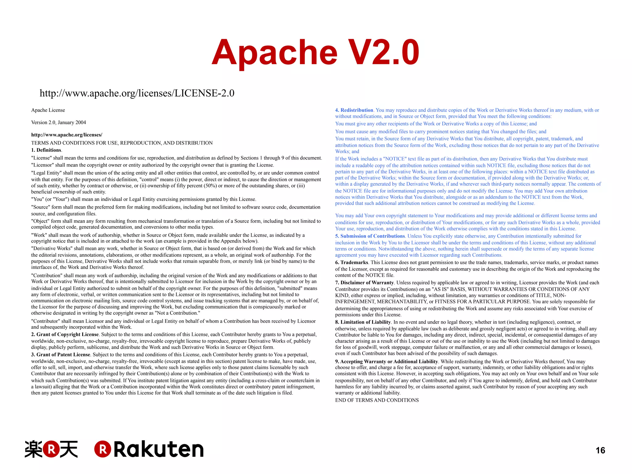 Apache V2.0
http://www.apache.org/licenses/LICENSE-2.0
Apache License
Version 2.0, January 2004
http://www.apache.org/licenses/
TERMS AND CONDITIONS FOR USE, REPRODUCTION, AND DISTRIBUTION
1. Definitions.
"License" shall mean the terms and conditions for use, reproduction, and distribution as defined by Sections 1 through 9 of this document.
"Licensor" shall mean the copyright owner or entity authorized by the copyright owner that is granting the License.
"Legal Entity" shall mean the union of the acting entity and all other entities that control, are controlled by, or are under common control
with that entity. For the purposes of this definition, "control" means (i) the power, direct or indirect, to cause the direction or management
of such entity, whether by contract or otherwise, or (ii) ownership of fifty percent (50%) or more of the outstanding shares, or (iii)
beneficial ownership of such entity.
"You" (or "Your") shall mean an individual or Legal Entity exercising permissions granted by this License.
"Source" form shall mean the preferred form for making modifications, including but not limited to software source code, documentation
source, and configuration files.
"Object" form shall mean any form resulting from mechanical transformation or translation of a Source form, including but not limited to
compiled object code, generated documentation, and conversions to other media types.
"Work" shall mean the work of authorship, whether in Source or Object form, made available under the License, as indicated by a
copyright notice that is included in or attached to the work (an example is provided in the Appendix below).
"Derivative Works" shall mean any work, whether in Source or Object form, that is based on (or derived from) the Work and for which
the editorial revisions, annotations, elaborations, or other modifications represent, as a whole, an original work of authorship. For the
purposes of this License, Derivative Works shall not include works that remain separable from, or merely link (or bind by name) to the
interfaces of, the Work and Derivative Works thereof.
"Contribution" shall mean any work of authorship, including the original version of the Work and any modifications or additions to that
Work or Derivative Works thereof, that is intentionally submitted to Licensor for inclusion in the Work by the copyright owner or by an
individual or Legal Entity authorized to submit on behalf of the copyright owner. For the purposes of this definition, "submitted" means
any form of electronic, verbal, or written communication sent to the Licensor or its representatives, including but not limited to
communication on electronic mailing lists, source code control systems, and issue tracking systems that are managed by, or on behalf of,
the Licensor for the purpose of discussing and improving the Work, but excluding communication that is conspicuously marked or
otherwise designated in writing by the copyright owner as "Not a Contribution."
"Contributor" shall mean Licensor and any individual or Legal Entity on behalf of whom a Contribution has been received by Licensor
and subsequently incorporated within the Work.
2. Grant of Copyright License. Subject to the terms and conditions of this License, each Contributor hereby grants to You a perpetual,
worldwide, non-exclusive, no-charge, royalty-free, irrevocable copyright license to reproduce, prepare Derivative Works of, publicly
display, publicly perform, sublicense, and distribute the Work and such Derivative Works in Source or Object form.
3. Grant of Patent License. Subject to the terms and conditions of this License, each Contributor hereby grants to You a perpetual,
worldwide, non-exclusive, no-charge, royalty-free, irrevocable (except as stated in this section) patent license to make, have made, use,
offer to sell, sell, import, and otherwise transfer the Work, where such license applies only to those patent claims licensable by such
Contributor that are necessarily infringed by their Contribution(s) alone or by combination of their Contribution(s) with the Work to
which such Contribution(s) was submitted. If You institute patent litigation against any entity (including a cross-claim or counterclaim in
a lawsuit) alleging that the Work or a Contribution incorporated within the Work constitutes direct or contributory patent infringement,
then any patent licenses granted to You under this License for that Work shall terminate as of the date such litigation is filed.

4. Redistribution. You may reproduce and distribute copies of the Work or Derivative Works thereof in any medium, with or
without modifications, and in Source or Object form, provided that You meet the following conditions:
You must give any other recipients of the Work or Derivative Works a copy of this License; and
You must cause any modified files to carry prominent notices stating that You changed the files; and
You must retain, in the Source form of any Derivative Works that You distribute, all copyright, patent, trademark, and
attribution notices from the Source form of the Work, excluding those notices that do not pertain to any part of the Derivative
Works; and
If the Work includes a "NOTICE" text file as part of its distribution, then any Derivative Works that You distribute must
include a readable copy of the attribution notices contained within such NOTICE file, excluding those notices that do not
pertain to any part of the Derivative Works, in at least one of the following places: within a NOTICE text file distributed as
part of the Derivative Works; within the Source form or documentation, if provided along with the Derivative Works; or,
within a display generated by the Derivative Works, if and wherever such third-party notices normally appear. The contents of
the NOTICE file are for informational purposes only and do not modify the License. You may add Your own attribution
notices within Derivative Works that You distribute, alongside or as an addendum to the NOTICE text from the Work,
provided that such additional attribution notices cannot be construed as modifying the License.
You may add Your own copyright statement to Your modifications and may provide additional or different license terms and
conditions for use, reproduction, or distribution of Your modifications, or for any such Derivative Works as a whole, provided
Your use, reproduction, and distribution of the Work otherwise complies with the conditions stated in this License.
5. Submission of Contributions. Unless You explicitly state otherwise, any Contribution intentionally submitted for
inclusion in the Work by You to the Licensor shall be under the terms and conditions of this License, without any additional
terms or conditions. Notwithstanding the above, nothing herein shall supersede or modify the terms of any separate license
agreement you may have executed with Licensor regarding such Contributions.
6. Trademarks. This License does not grant permission to use the trade names, trademarks, service marks, or product names
of the Licensor, except as required for reasonable and customary use in describing the origin of the Work and reproducing the
content of the NOTICE file.
7. Disclaimer of Warranty. Unless required by applicable law or agreed to in writing, Licensor provides the Work (and each
Contributor provides its Contributions) on an "AS IS" BASIS, WITHOUT WARRANTIES OR CONDITIONS OF ANY
KIND, either express or implied, including, without limitation, any warranties or conditions of TITLE, NONINFRINGEMENT, MERCHANTABILITY, or FITNESS FOR A PARTICULAR PURPOSE. You are solely responsible for
determining the appropriateness of using or redistributing the Work and assume any risks associated with Your exercise of
permissions under this License.
8. Limitation of Liability. In no event and under no legal theory, whether in tort (including negligence), contract, or
otherwise, unless required by applicable law (such as deliberate and grossly negligent acts) or agreed to in writing, shall any
Contributor be liable to You for damages, including any direct, indirect, special, incidental, or consequential damages of any
character arising as a result of this License or out of the use or inability to use the Work (including but not limited to damages
for loss of goodwill, work stoppage, computer failure or malfunction, or any and all other commercial damages or losses),
even if such Contributor has been advised of the possibility of such damages.
9. Accepting Warranty or Additional Liability. While redistributing the Work or Derivative Works thereof, You may
choose to offer, and charge a fee for, acceptance of support, warranty, indemnity, or other liability obligations and/or rights
consistent with this License. However, in accepting such obligations, You may act only on Your own behalf and on Your sole
responsibility, not on behalf of any other Contributor, and only if You agree to indemnify, defend, and hold each Contributor
harmless for any liability incurred by, or claims asserted against, such Contributor by reason of your accepting any such
warranty or additional liability.
END OF TERMS AND CONDITIONS

16

 