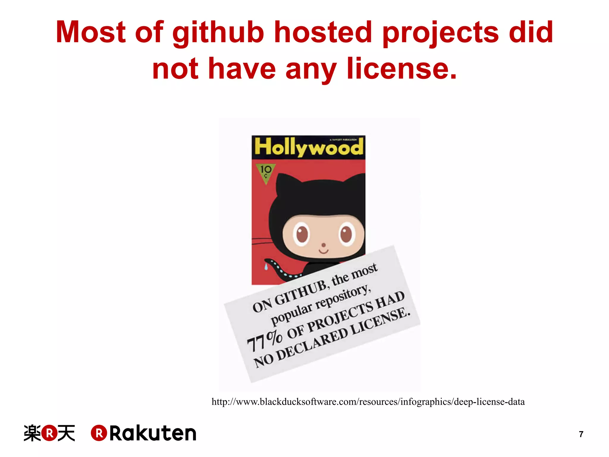 Most of github hosted projects did
not have any license.

http://www.blackducksoftware.com/resources/infographics/deep-license-data
7

 