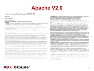 Apache V2.0
http://www.apache.org/licenses/LICENSE-2.0
Apache License
Version 2.0, January 2004
http://www.apache.org/licenses/
TERMS AND CONDITIONS FOR USE, REPRODUCTION, AND DISTRIBUTION
1. Definitions.
"License" shall mean the terms and conditions for use, reproduction, and distribution as defined by Sections 1 through 9 of this document.
"Licensor" shall mean the copyright owner or entity authorized by the copyright owner that is granting the License.
"Legal Entity" shall mean the union of the acting entity and all other entities that control, are controlled by, or are under common control
with that entity. For the purposes of this definition, "control" means (i) the power, direct or indirect, to cause the direction or management
of such entity, whether by contract or otherwise, or (ii) ownership of fifty percent (50%) or more of the outstanding shares, or (iii)
beneficial ownership of such entity.
"You" (or "Your") shall mean an individual or Legal Entity exercising permissions granted by this License.
"Source" form shall mean the preferred form for making modifications, including but not limited to software source code, documentation
source, and configuration files.
"Object" form shall mean any form resulting from mechanical transformation or translation of a Source form, including but not limited to
compiled object code, generated documentation, and conversions to other media types.
"Work" shall mean the work of authorship, whether in Source or Object form, made available under the License, as indicated by a
copyright notice that is included in or attached to the work (an example is provided in the Appendix below).
"Derivative Works" shall mean any work, whether in Source or Object form, that is based on (or derived from) the Work and for which
the editorial revisions, annotations, elaborations, or other modifications represent, as a whole, an original work of authorship. For the
purposes of this License, Derivative Works shall not include works that remain separable from, or merely link (or bind by name) to the
interfaces of, the Work and Derivative Works thereof.
"Contribution" shall mean any work of authorship, including the original version of the Work and any modifications or additions to that
Work or Derivative Works thereof, that is intentionally submitted to Licensor for inclusion in the Work by the copyright owner or by an
individual or Legal Entity authorized to submit on behalf of the copyright owner. For the purposes of this definition, "submitted" means
any form of electronic, verbal, or written communication sent to the Licensor or its representatives, including but not limited to
communication on electronic mailing lists, source code control systems, and issue tracking systems that are managed by, or on behalf of,
the Licensor for the purpose of discussing and improving the Work, but excluding communication that is conspicuously marked or
otherwise designated in writing by the copyright owner as "Not a Contribution."
"Contributor" shall mean Licensor and any individual or Legal Entity on behalf of whom a Contribution has been received by Licensor
and subsequently incorporated within the Work.
2. Grant of Copyright License. Subject to the terms and conditions of this License, each Contributor hereby grants to You a perpetual,
worldwide, non-exclusive, no-charge, royalty-free, irrevocable copyright license to reproduce, prepare Derivative Works of, publicly
display, publicly perform, sublicense, and distribute the Work and such Derivative Works in Source or Object form.
3. Grant of Patent License. Subject to the terms and conditions of this License, each Contributor hereby grants to You a perpetual,
worldwide, non-exclusive, no-charge, royalty-free, irrevocable (except as stated in this section) patent license to make, have made, use,
offer to sell, sell, import, and otherwise transfer the Work, where such license applies only to those patent claims licensable by such
Contributor that are necessarily infringed by their Contribution(s) alone or by combination of their Contribution(s) with the Work to
which such Contribution(s) was submitted. If You institute patent litigation against any entity (including a cross-claim or counterclaim in
a lawsuit) alleging that the Work or a Contribution incorporated within the Work constitutes direct or contributory patent infringement,
then any patent licenses granted to You under this License for that Work shall terminate as of the date such litigation is filed.

4. Redistribution. You may reproduce and distribute copies of the Work or Derivative Works thereof in any medium, with or
without modifications, and in Source or Object form, provided that You meet the following conditions:
You must give any other recipients of the Work or Derivative Works a copy of this License; and
You must cause any modified files to carry prominent notices stating that You changed the files; and
You must retain, in the Source form of any Derivative Works that You distribute, all copyright, patent, trademark, and
attribution notices from the Source form of the Work, excluding those notices that do not pertain to any part of the Derivative
Works; and
If the Work includes a "NOTICE" text file as part of its distribution, then any Derivative Works that You distribute must
include a readable copy of the attribution notices contained within such NOTICE file, excluding those notices that do not
pertain to any part of the Derivative Works, in at least one of the following places: within a NOTICE text file distributed as
part of the Derivative Works; within the Source form or documentation, if provided along with the Derivative Works; or,
within a display generated by the Derivative Works, if and wherever such third-party notices normally appear. The contents of
the NOTICE file are for informational purposes only and do not modify the License. You may add Your own attribution
notices within Derivative Works that You distribute, alongside or as an addendum to the NOTICE text from the Work,
provided that such additional attribution notices cannot be construed as modifying the License.
You may add Your own copyright statement to Your modifications and may provide additional or different license terms and
conditions for use, reproduction, or distribution of Your modifications, or for any such Derivative Works as a whole, provided
Your use, reproduction, and distribution of the Work otherwise complies with the conditions stated in this License.
5. Submission of Contributions. Unless You explicitly state otherwise, any Contribution intentionally submitted for
inclusion in the Work by You to the Licensor shall be under the terms and conditions of this License, without any additional
terms or conditions. Notwithstanding the above, nothing herein shall supersede or modify the terms of any separate license
agreement you may have executed with Licensor regarding such Contributions.
6. Trademarks. This License does not grant permission to use the trade names, trademarks, service marks, or product names
of the Licensor, except as required for reasonable and customary use in describing the origin of the Work and reproducing the
content of the NOTICE file.
7. Disclaimer of Warranty. Unless required by applicable law or agreed to in writing, Licensor provides the Work (and each
Contributor provides its Contributions) on an "AS IS" BASIS, WITHOUT WARRANTIES OR CONDITIONS OF ANY
KIND, either express or implied, including, without limitation, any warranties or conditions of TITLE, NONINFRINGEMENT, MERCHANTABILITY, or FITNESS FOR A PARTICULAR PURPOSE. You are solely responsible for
determining the appropriateness of using or redistributing the Work and assume any risks associated with Your exercise of
permissions under this License.
8. Limitation of Liability. In no event and under no legal theory, whether in tort (including negligence), contract, or
otherwise, unless required by applicable law (such as deliberate and grossly negligent acts) or agreed to in writing, shall any
Contributor be liable to You for damages, including any direct, indirect, special, incidental, or consequential damages of any
character arising as a result of this License or out of the use or inability to use the Work (including but not limited to damages
for loss of goodwill, work stoppage, computer failure or malfunction, or any and all other commercial damages or losses),
even if such Contributor has been advised of the possibility of such damages.
9. Accepting Warranty or Additional Liability. While redistributing the Work or Derivative Works thereof, You may
choose to offer, and charge a fee for, acceptance of support, warranty, indemnity, or other liability obligations and/or rights
consistent with this License. However, in accepting such obligations, You may act only on Your own behalf and on Your sole
responsibility, not on behalf of any other Contributor, and only if You agree to indemnify, defend, and hold each Contributor
harmless for any liability incurred by, or claims asserted against, such Contributor by reason of your accepting any such
warranty or additional liability.
END OF TERMS AND CONDITIONS

13

 