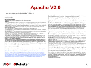 Apache V2.0
http://www.apache.org/licenses/LICENSE-2.0
Apache License
Version 2.0, January 2004
http://www.apache.org/licenses/
TERMS AND CONDITIONS FOR USE, REPRODUCTION, AND DISTRIBUTION
1. Definitions.
"License" shall mean the terms and conditions for use, reproduction, and distribution as defined by Sections 1 through 9 of this document.
"Licensor" shall mean the copyright owner or entity authorized by the copyright owner that is granting the License.
"Legal Entity" shall mean the union of the acting entity and all other entities that control, are controlled by, or are under common control
with that entity. For the purposes of this definition, "control" means (i) the power, direct or indirect, to cause the direction or management
of such entity, whether by contract or otherwise, or (ii) ownership of fifty percent (50%) or more of the outstanding shares, or (iii)
beneficial ownership of such entity.
"You" (or "Your") shall mean an individual or Legal Entity exercising permissions granted by this License.
"Source" form shall mean the preferred form for making modifications, including but not limited to software source code, documentation
source, and configuration files.
"Object" form shall mean any form resulting from mechanical transformation or translation of a Source form, including but not limited to
compiled object code, generated documentation, and conversions to other media types.
"Work" shall mean the work of authorship, whether in Source or Object form, made available under the License, as indicated by a
copyright notice that is included in or attached to the work (an example is provided in the Appendix below).
"Derivative Works" shall mean any work, whether in Source or Object form, that is based on (or derived from) the Work and for which
the editorial revisions, annotations, elaborations, or other modifications represent, as a whole, an original work of authorship. For the
purposes of this License, Derivative Works shall not include works that remain separable from, or merely link (or bind by name) to the
interfaces of, the Work and Derivative Works thereof.
"Contribution" shall mean any work of authorship, including the original version of the Work and any modifications or additions to that
Work or Derivative Works thereof, that is intentionally submitted to Licensor for inclusion in the Work by the copyright owner or by an
individual or Legal Entity authorized to submit on behalf of the copyright owner. For the purposes of this definition, "submitted" means
any form of electronic, verbal, or written communication sent to the Licensor or its representatives, including but not limited to
communication on electronic mailing lists, source code control systems, and issue tracking systems that are managed by, or on behalf of,
the Licensor for the purpose of discussing and improving the Work, but excluding communication that is conspicuously marked or
otherwise designated in writing by the copyright owner as "Not a Contribution."
"Contributor" shall mean Licensor and any individual or Legal Entity on behalf of whom a Contribution has been received by Licensor
and subsequently incorporated within the Work.
2. Grant of Copyright License. Subject to the terms and conditions of this License, each Contributor hereby grants to You a perpetual,
worldwide, non-exclusive, no-charge, royalty-free, irrevocable copyright license to reproduce, prepare Derivative Works of, publicly
display, publicly perform, sublicense, and distribute the Work and such Derivative Works in Source or Object form.
3. Grant of Patent License. Subject to the terms and conditions of this License, each Contributor hereby grants to You a perpetual,
worldwide, non-exclusive, no-charge, royalty-free, irrevocable (except as stated in this section) patent license to make, have made, use,
offer to sell, sell, import, and otherwise transfer the Work, where such license applies only to those patent claims licensable by such
Contributor that are necessarily infringed by their Contribution(s) alone or by combination of their Contribution(s) with the Work to
which such Contribution(s) was submitted. If You institute patent litigation against any entity (including a cross-claim or counterclaim in
a lawsuit) alleging that the Work or a Contribution incorporated within the Work constitutes direct or contributory patent infringement,
then any patent licenses granted to You under this License for that Work shall terminate as of the date such litigation is filed.

4. Redistribution. You may reproduce and distribute copies of the Work or Derivative Works thereof in any medium, with or
without modifications, and in Source or Object form, provided that You meet the following conditions:
You must give any other recipients of the Work or Derivative Works a copy of this License; and
You must cause any modified files to carry prominent notices stating that You changed the files; and
You must retain, in the Source form of any Derivative Works that You distribute, all copyright, patent, trademark, and
attribution notices from the Source form of the Work, excluding those notices that do not pertain to any part of the Derivative
Works; and
If the Work includes a "NOTICE" text file as part of its distribution, then any Derivative Works that You distribute must
include a readable copy of the attribution notices contained within such NOTICE file, excluding those notices that do not
pertain to any part of the Derivative Works, in at least one of the following places: within a NOTICE text file distributed as
part of the Derivative Works; within the Source form or documentation, if provided along with the Derivative Works; or,
within a display generated by the Derivative Works, if and wherever such third-party notices normally appear. The contents of
the NOTICE file are for informational purposes only and do not modify the License. You may add Your own attribution
notices within Derivative Works that You distribute, alongside or as an addendum to the NOTICE text from the Work,
provided that such additional attribution notices cannot be construed as modifying the License.
You may add Your own copyright statement to Your modifications and may provide additional or different license terms and
conditions for use, reproduction, or distribution of Your modifications, or for any such Derivative Works as a whole, provided
Your use, reproduction, and distribution of the Work otherwise complies with the conditions stated in this License.
5. Submission of Contributions. Unless You explicitly state otherwise, any Contribution intentionally submitted for
inclusion in the Work by You to the Licensor shall be under the terms and conditions of this License, without any additional
terms or conditions. Notwithstanding the above, nothing herein shall supersede or modify the terms of any separate license
agreement you may have executed with Licensor regarding such Contributions.
6. Trademarks. This License does not grant permission to use the trade names, trademarks, service marks, or product names
of the Licensor, except as required for reasonable and customary use in describing the origin of the Work and reproducing the
content of the NOTICE file.
7. Disclaimer of Warranty. Unless required by applicable law or agreed to in writing, Licensor provides the Work (and each
Contributor provides its Contributions) on an "AS IS" BASIS, WITHOUT WARRANTIES OR CONDITIONS OF ANY
KIND, either express or implied, including, without limitation, any warranties or conditions of TITLE, NONINFRINGEMENT, MERCHANTABILITY, or FITNESS FOR A PARTICULAR PURPOSE. You are solely responsible for
determining the appropriateness of using or redistributing the Work and assume any risks associated with Your exercise of
permissions under this License.
8. Limitation of Liability. In no event and under no legal theory, whether in tort (including negligence), contract, or
otherwise, unless required by applicable law (such as deliberate and grossly negligent acts) or agreed to in writing, shall any
Contributor be liable to You for damages, including any direct, indirect, special, incidental, or consequential damages of any
character arising as a result of this License or out of the use or inability to use the Work (including but not limited to damages
for loss of goodwill, work stoppage, computer failure or malfunction, or any and all other commercial damages or losses),
even if such Contributor has been advised of the possibility of such damages.
9. Accepting Warranty or Additional Liability. While redistributing the Work or Derivative Works thereof, You may
choose to offer, and charge a fee for, acceptance of support, warranty, indemnity, or other liability obligations and/or rights
consistent with this License. However, in accepting such obligations, You may act only on Your own behalf and on Your sole
responsibility, not on behalf of any other Contributor, and only if You agree to indemnify, defend, and hold each Contributor
harmless for any liability incurred by, or claims asserted against, such Contributor by reason of your accepting any such
warranty or additional liability.
END OF TERMS AND CONDITIONS

15

 