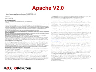 Apache V2.0
http://www.apache.org/licenses/LICENSE-2.0
Apache License
Version 2.0, January 2004
http://www.apache.org/licenses/
TERMS AND CONDITIONS FOR USE, REPRODUCTION, AND DISTRIBUTION
1. Definitions.
"License" shall mean the terms and conditions for use, reproduction, and distribution as defined by Sections 1 through 9 of this document.
"Licensor" shall mean the copyright owner or entity authorized by the copyright owner that is granting the License.
"Legal Entity" shall mean the union of the acting entity and all other entities that control, are controlled by, or are under common control
with that entity. For the purposes of this definition, "control" means (i) the power, direct or indirect, to cause the direction or management
of such entity, whether by contract or otherwise, or (ii) ownership of fifty percent (50%) or more of the outstanding shares, or (iii)
beneficial ownership of such entity.
"You" (or "Your") shall mean an individual or Legal Entity exercising permissions granted by this License.
"Source" form shall mean the preferred form for making modifications, including but not limited to software source code, documentation
source, and configuration files.
"Object" form shall mean any form resulting from mechanical transformation or translation of a Source form, including but not limited to
compiled object code, generated documentation, and conversions to other media types.
"Work" shall mean the work of authorship, whether in Source or Object form, made available under the License, as indicated by a
copyright notice that is included in or attached to the work (an example is provided in the Appendix below).
"Derivative Works" shall mean any work, whether in Source or Object form, that is based on (or derived from) the Work and for which
the editorial revisions, annotations, elaborations, or other modifications represent, as a whole, an original work of authorship. For the
purposes of this License, Derivative Works shall not include works that remain separable from, or merely link (or bind by name) to the
interfaces of, the Work and Derivative Works thereof.
"Contribution" shall mean any work of authorship, including the original version of the Work and any modifications or additions to that
Work or Derivative Works thereof, that is intentionally submitted to Licensor for inclusion in the Work by the copyright owner or by an
individual or Legal Entity authorized to submit on behalf of the copyright owner. For the purposes of this definition, "submitted" means
any form of electronic, verbal, or written communication sent to the Licensor or its representatives, including but not limited to
communication on electronic mailing lists, source code control systems, and issue tracking systems that are managed by, or on behalf of,
the Licensor for the purpose of discussing and improving the Work, but excluding communication that is conspicuously marked or
otherwise designated in writing by the copyright owner as "Not a Contribution."
"Contributor" shall mean Licensor and any individual or Legal Entity on behalf of whom a Contribution has been received by Licensor
and subsequently incorporated within the Work.
2. Grant of Copyright License. Subject to the terms and conditions of this License, each Contributor hereby grants to You a perpetual,
worldwide, non-exclusive, no-charge, royalty-free, irrevocable copyright license to reproduce, prepare Derivative Works of, publicly
display, publicly perform, sublicense, and distribute the Work and such Derivative Works in Source or Object form.
3. Grant of Patent License. Subject to the terms and conditions of this License, each Contributor hereby grants to You a perpetual,
worldwide, non-exclusive, no-charge, royalty-free, irrevocable (except as stated in this section) patent license to make, have made, use,
offer to sell, sell, import, and otherwise transfer the Work, where such license applies only to those patent claims licensable by such
Contributor that are necessarily infringed by their Contribution(s) alone or by combination of their Contribution(s) with the Work to
which such Contribution(s) was submitted. If You institute patent litigation against any entity (including a cross-claim or counterclaim in
a lawsuit) alleging that the Work or a Contribution incorporated within the Work constitutes direct or contributory patent infringement,
then any patent licenses granted to You under this License for that Work shall terminate as of the date such litigation is filed.

4. Redistribution. You may reproduce and distribute copies of the Work or Derivative Works thereof in any medium, with or
without modifications, and in Source or Object form, provided that You meet the following conditions:
You must give any other recipients of the Work or Derivative Works a copy of this License; and
You must cause any modified files to carry prominent notices stating that You changed the files; and
You must retain, in the Source form of any Derivative Works that You distribute, all copyright, patent, trademark, and
attribution notices from the Source form of the Work, excluding those notices that do not pertain to any part of the Derivative
Works; and
If the Work includes a "NOTICE" text file as part of its distribution, then any Derivative Works that You distribute must
include a readable copy of the attribution notices contained within such NOTICE file, excluding those notices that do not
pertain to any part of the Derivative Works, in at least one of the following places: within a NOTICE text file distributed as
part of the Derivative Works; within the Source form or documentation, if provided along with the Derivative Works; or,
within a display generated by the Derivative Works, if and wherever such third-party notices normally appear. The contents of
the NOTICE file are for informational purposes only and do not modify the License. You may add Your own attribution
notices within Derivative Works that You distribute, alongside or as an addendum to the NOTICE text from the Work,
provided that such additional attribution notices cannot be construed as modifying the License.
You may add Your own copyright statement to Your modifications and may provide additional or different license terms and
conditions for use, reproduction, or distribution of Your modifications, or for any such Derivative Works as a whole, provided
Your use, reproduction, and distribution of the Work otherwise complies with the conditions stated in this License.
5. Submission of Contributions. Unless You explicitly state otherwise, any Contribution intentionally submitted for
inclusion in the Work by You to the Licensor shall be under the terms and conditions of this License, without any additional
terms or conditions. Notwithstanding the above, nothing herein shall supersede or modify the terms of any separate license
agreement you may have executed with Licensor regarding such Contributions.
6. Trademarks. This License does not grant permission to use the trade names, trademarks, service marks, or product names
of the Licensor, except as required for reasonable and customary use in describing the origin of the Work and reproducing the
content of the NOTICE file.
7. Disclaimer of Warranty. Unless required by applicable law or agreed to in writing, Licensor provides the Work (and each
Contributor provides its Contributions) on an "AS IS" BASIS, WITHOUT WARRANTIES OR CONDITIONS OF ANY
KIND, either express or implied, including, without limitation, any warranties or conditions of TITLE, NONINFRINGEMENT, MERCHANTABILITY, or FITNESS FOR A PARTICULAR PURPOSE. You are solely responsible for
determining the appropriateness of using or redistributing the Work and assume any risks associated with Your exercise of
permissions under this License.
8. Limitation of Liability. In no event and under no legal theory, whether in tort (including negligence), contract, or
otherwise, unless required by applicable law (such as deliberate and grossly negligent acts) or agreed to in writing, shall any
Contributor be liable to You for damages, including any direct, indirect, special, incidental, or consequential damages of any
character arising as a result of this License or out of the use or inability to use the Work (including but not limited to damages
for loss of goodwill, work stoppage, computer failure or malfunction, or any and all other commercial damages or losses),
even if such Contributor has been advised of the possibility of such damages.
9. Accepting Warranty or Additional Liability. While redistributing the Work or Derivative Works thereof, You may
choose to offer, and charge a fee for, acceptance of support, warranty, indemnity, or other liability obligations and/or rights
consistent with this License. However, in accepting such obligations, You may act only on Your own behalf and on Your sole
responsibility, not on behalf of any other Contributor, and only if You agree to indemnify, defend, and hold each Contributor
harmless for any liability incurred by, or claims asserted against, such Contributor by reason of your accepting any such
warranty or additional liability.
END OF TERMS AND CONDITIONS

17

 