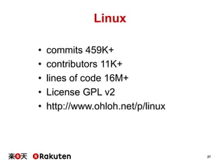 Linux
• 
• 
• 
• 
• 

commits 459K+
contributors 11K+
lines of code 16M+
License GPL v2
http://www.ohloh.net/p/linux

27

 