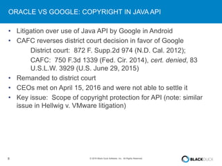 8 © 2016 Black Duck Software, Inc. All Rights Reserved.
ORACLE VS GOOGLE: COPYRIGHT IN JAVA API
• Litigation over use of Java API by Google in Android
• CAFC reverses district court decision in favor of Google
District court: 872 F. Supp.2d 974 (N.D. Cal. 2012);
CAFC: 750 F.3d 1339 (Fed. Cir. 2014), cert. denied, 83
U.S.L.W. 3929 (U.S. June 29, 2015)
• Remanded to district court
• CEOs met on April 15, 2016 and were not able to settle it
• Key issue: Scope of copyright protection for API (note: similar
issue in Hellwig v. VMware litigation)
 