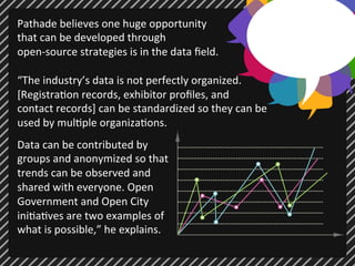 Pathade 
believes 
one 
huge 
opportunity 
that 
can 
be 
developed 
through 
open-­‐source 
strategies 
is 
in 
the 
data 
field. 
“The 
industry’s 
data 
is 
not 
perfectly 
organized. 
[Registra;on 
records, 
exhibitor 
profiles, 
and 
contact 
records] 
can 
be 
standardized 
so 
they 
can 
be 
used 
by 
mul;ple 
organiza;ons. 
Data 
can 
be 
contributed 
by 
groups 
and 
anonymized 
so 
that 
trends 
can 
be 
observed 
and 
shared 
with 
everyone. 
Open 
Government 
and 
Open 
City 
ini;a;ves 
are 
two 
examples 
of 
what 
is 
possible,” 
he 
explains. 
 