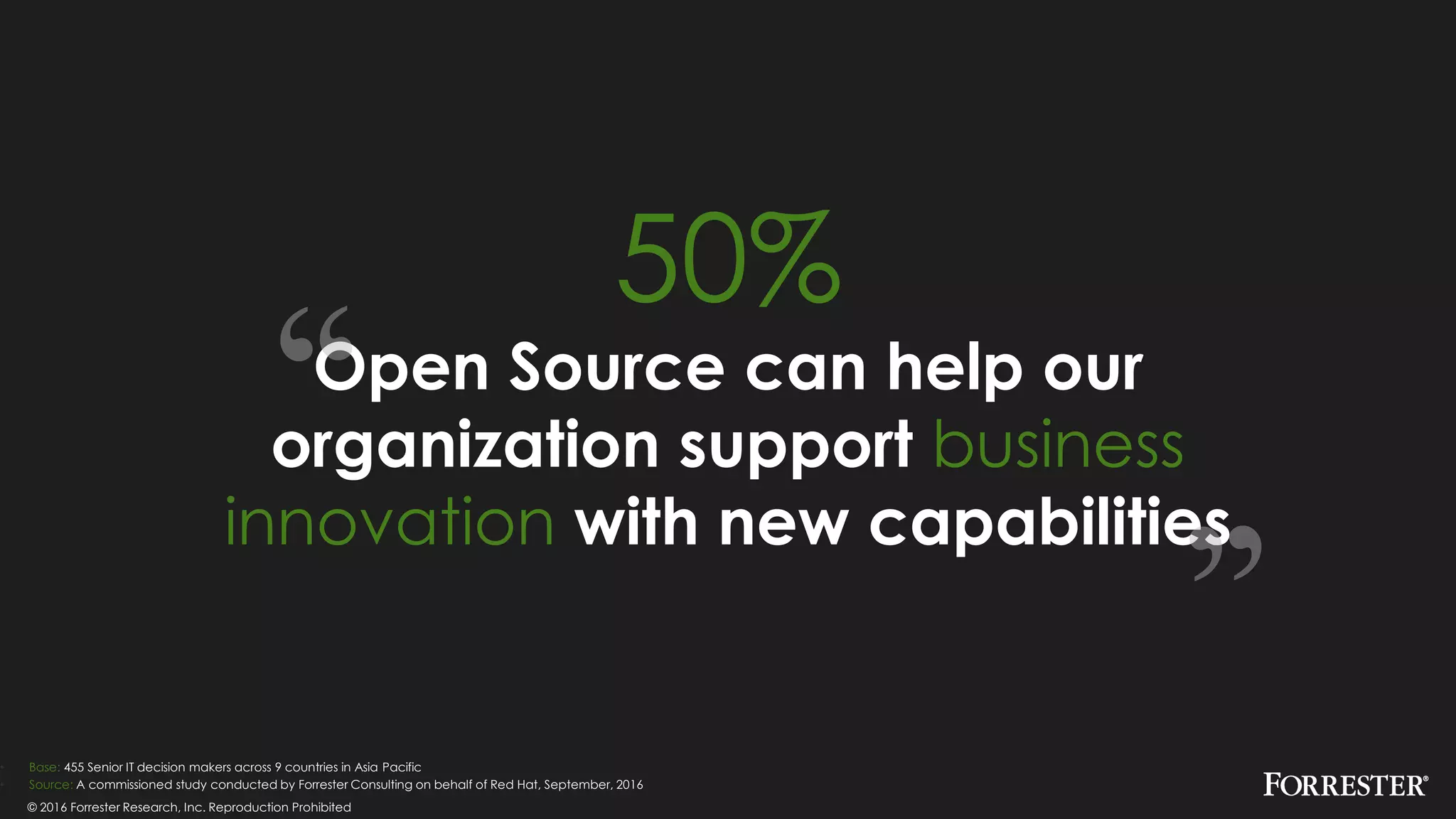 © 2016 Forrester Research, Inc. Reproduction Prohibited
50%
• Base: 455 Senior IT decision makers across 9 countries in Asia Pacific
• Source: A commissioned study conducted by Forrester Consulting on behalf of Red Hat, September, 2016
Open Source can help our
organization support business
innovation with new capabilities
 